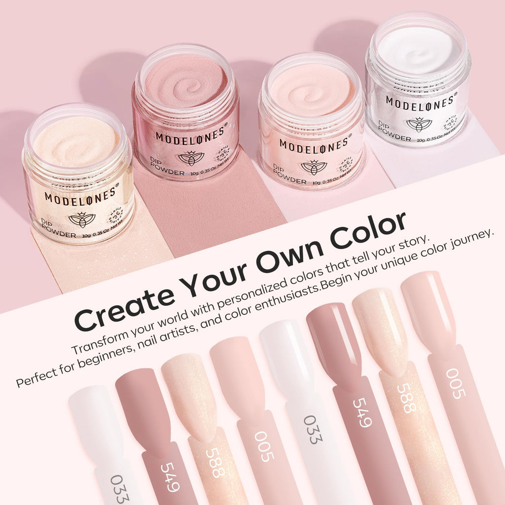 Modelones Dip Powder Nail Kit – 4-Color Nude Pink Glitter Set with Liquid & Tools, No Lamp Needed, DIY Home Manicure