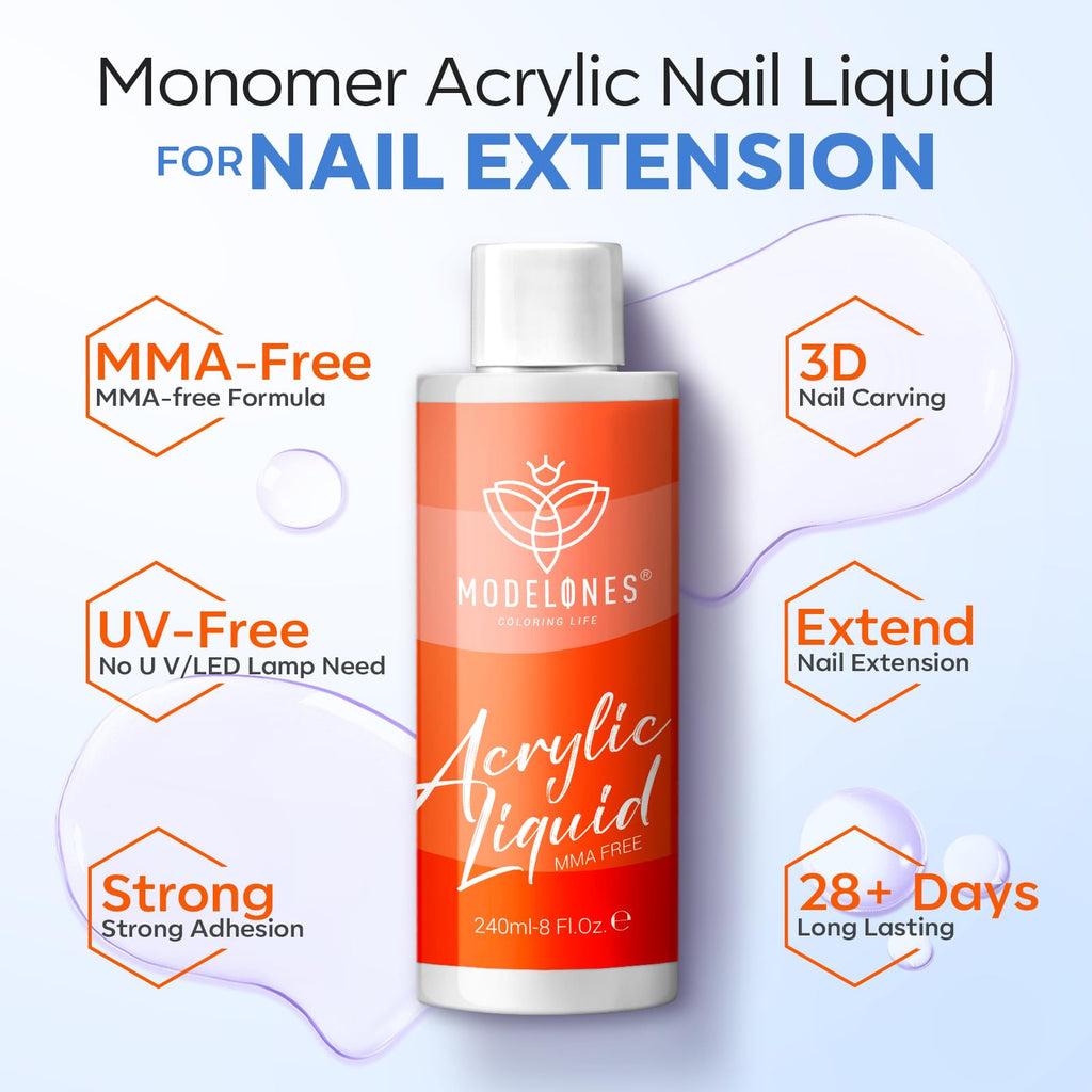 Modelones 8 oz Monomer Liquid – MMA-Free, Non-Yellowing Acrylic Nail Liquid (240ml)