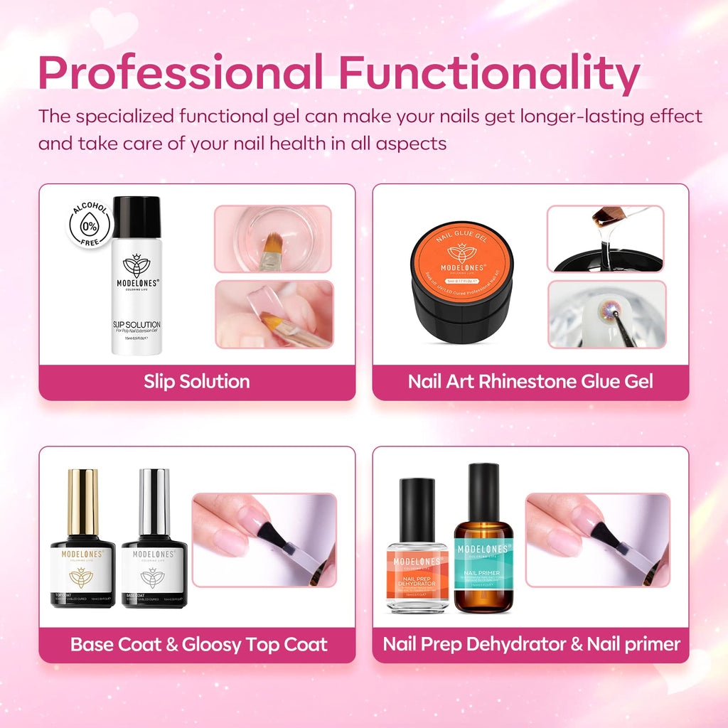 Modelones Poly Nail Gel Kit – 8 Rosy Pink Colors + 48W UV/LED Lamp