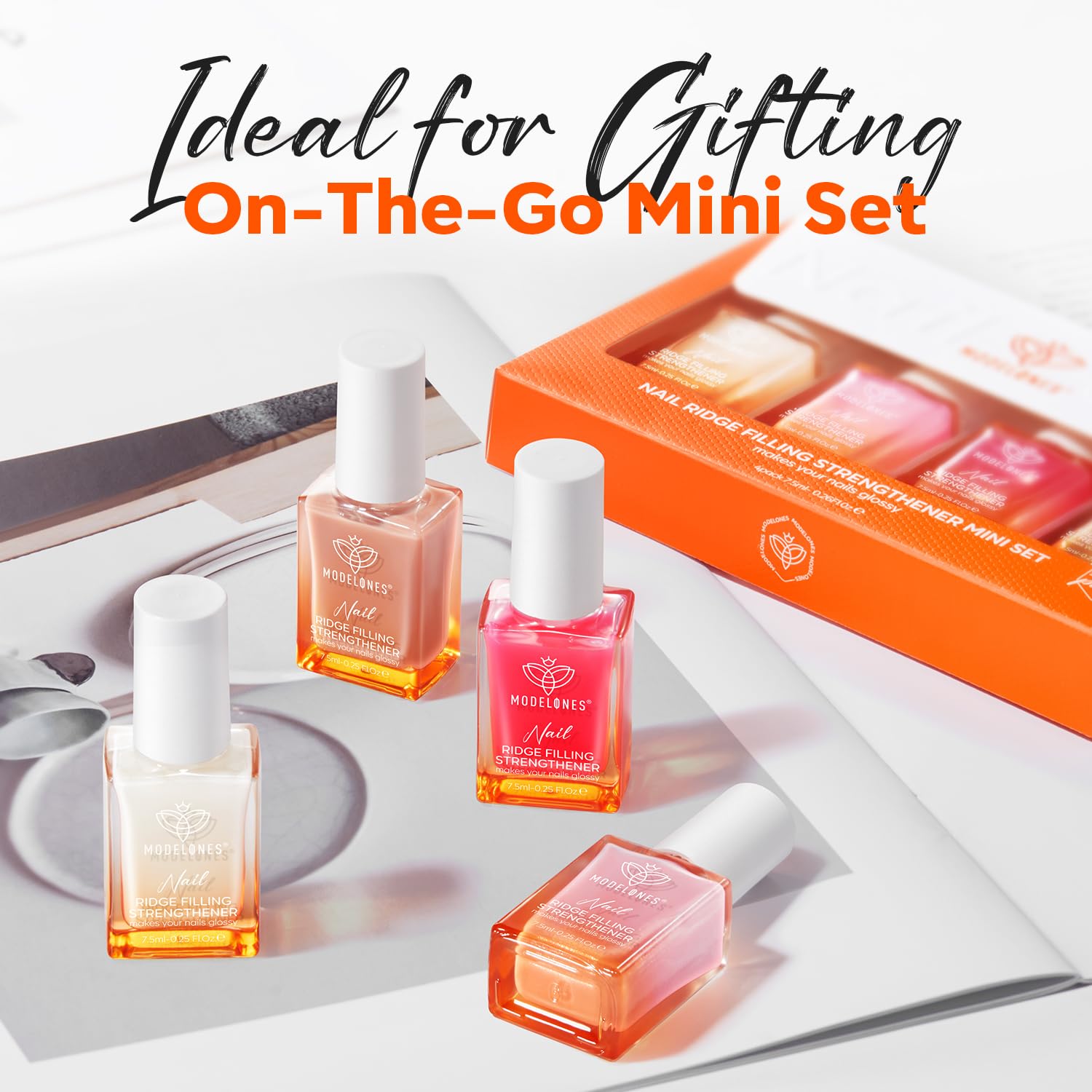Modelones Nail Strengthener Kit – 4 Colorful 7.5ml Polishes for Damaged Nails | Safe 5-Free Formula