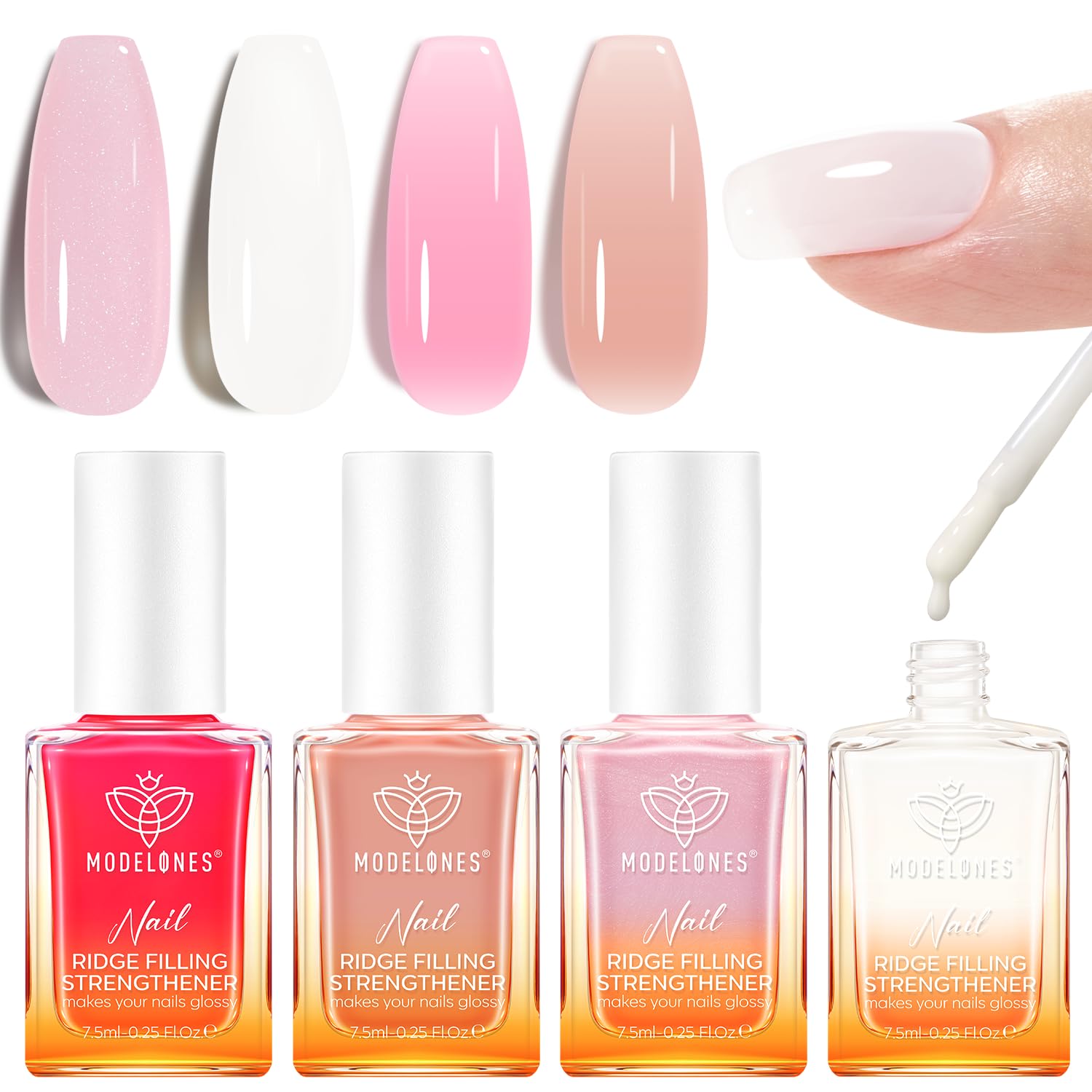 Modelones Nail Strengthener Kit – 4 Colorful 7.5ml Polishes for Damaged Nails | Safe 5-Free Formula