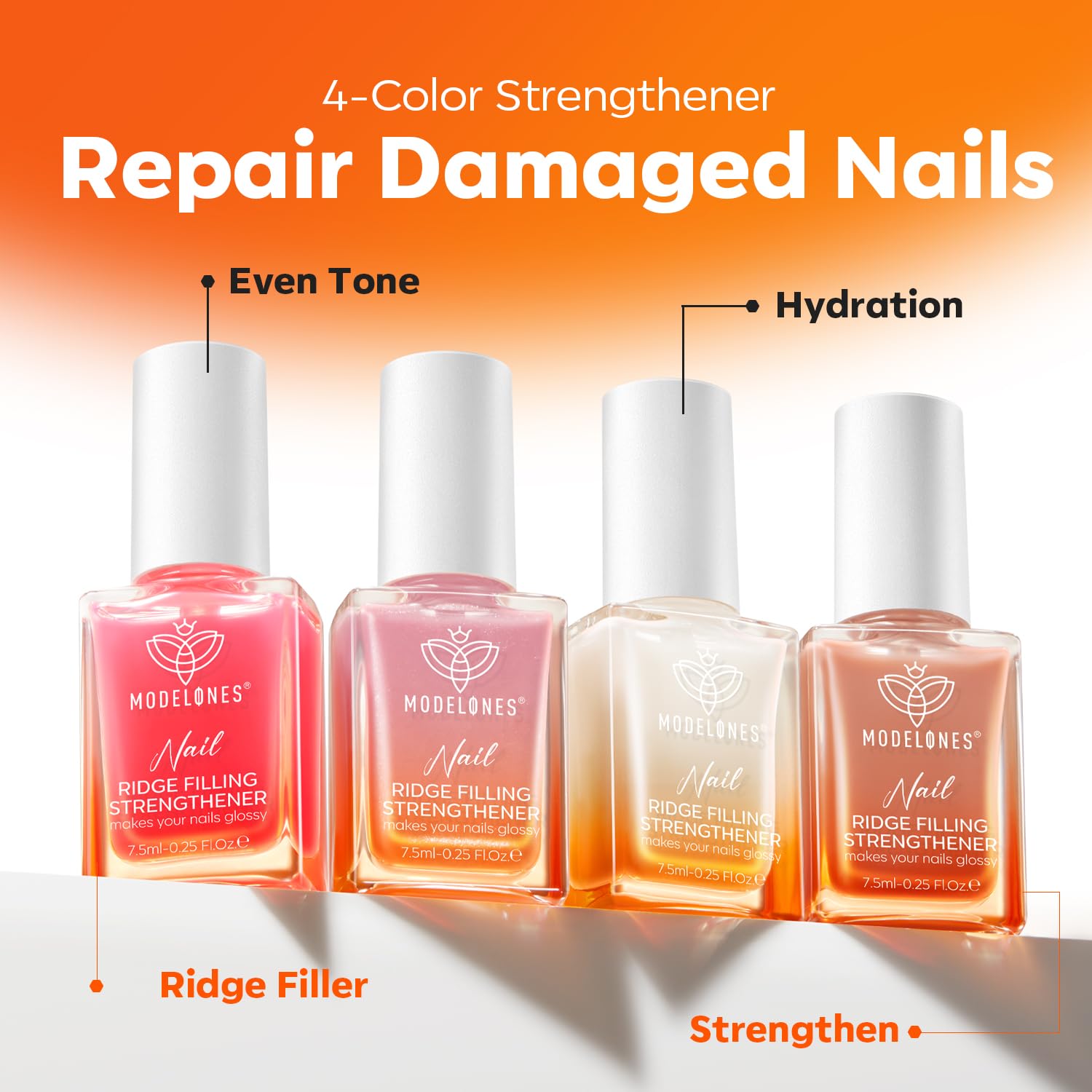Modelones Nail Strengthener Kit – 4 Colorful 7.5ml Polishes for Damaged Nails | Safe 5-Free Formula