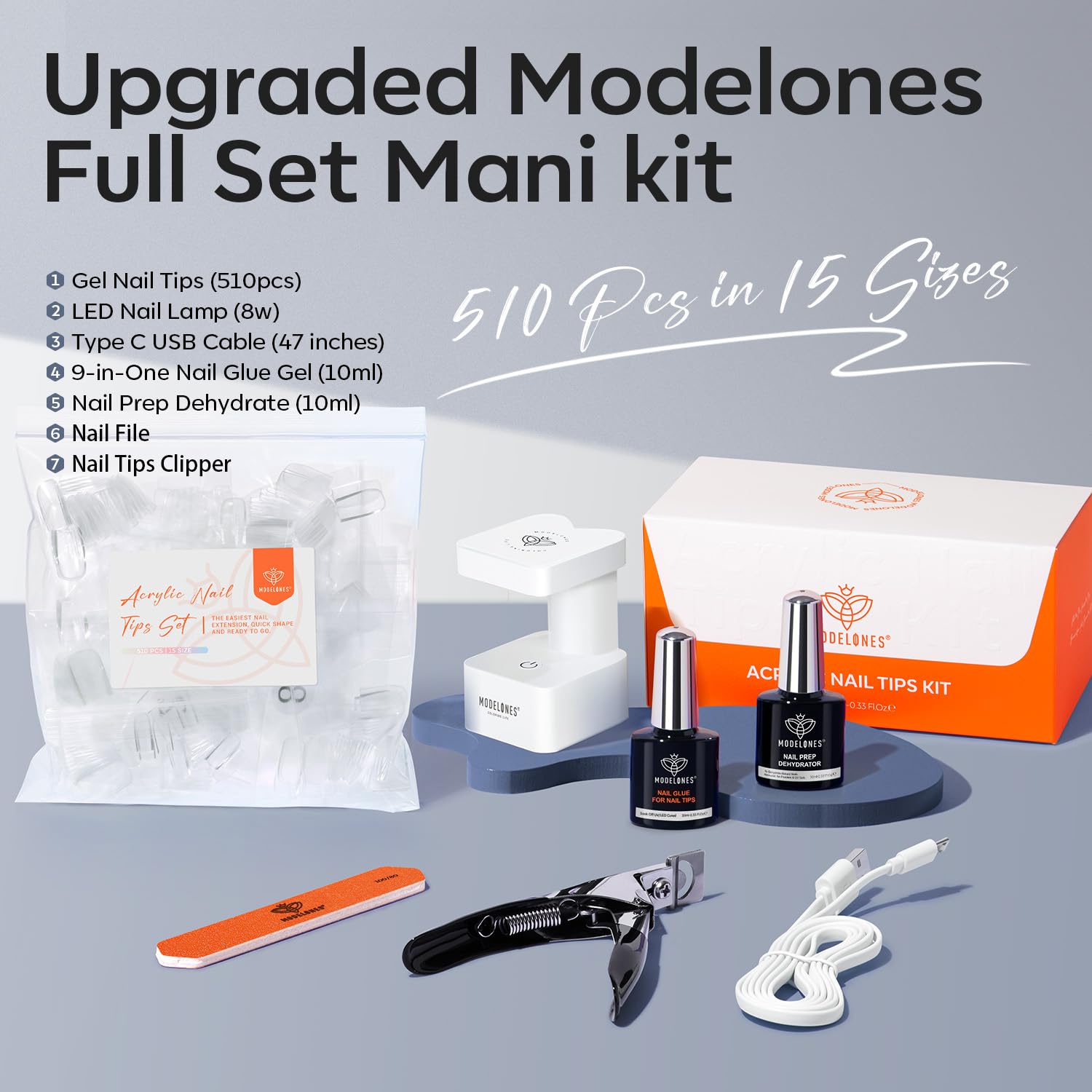 Modelones X Nail Gel Kit Medium Coffin – 510 PCS Nails, 9-in-One Glue, UV Lamp, Dehydrator, Clipper | DIY Home Salon