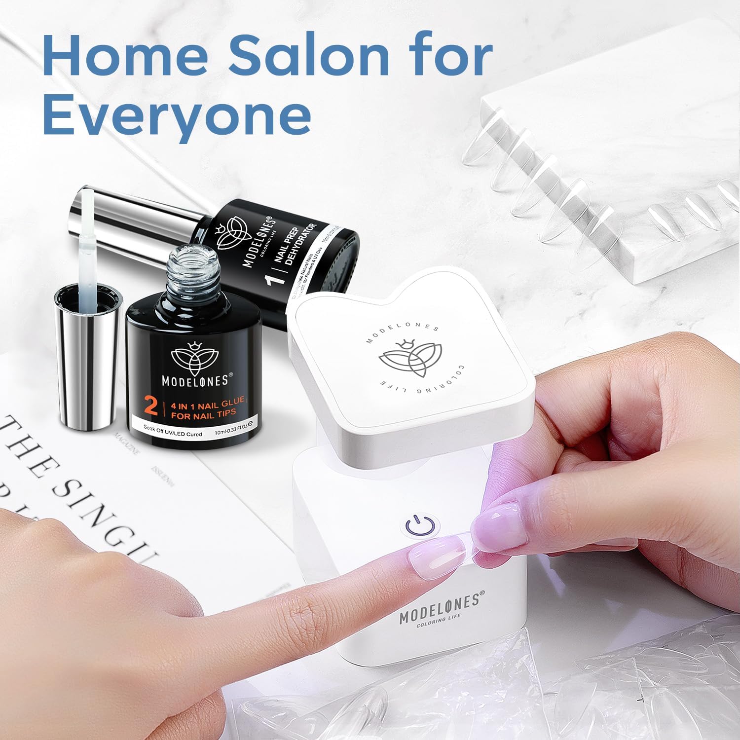 Modelones X Nail Gel Kit – 500pcs Square Tips, 9-in-1 Glue Gel, Portable UV Lamp, Home Gel Manicure Kit
