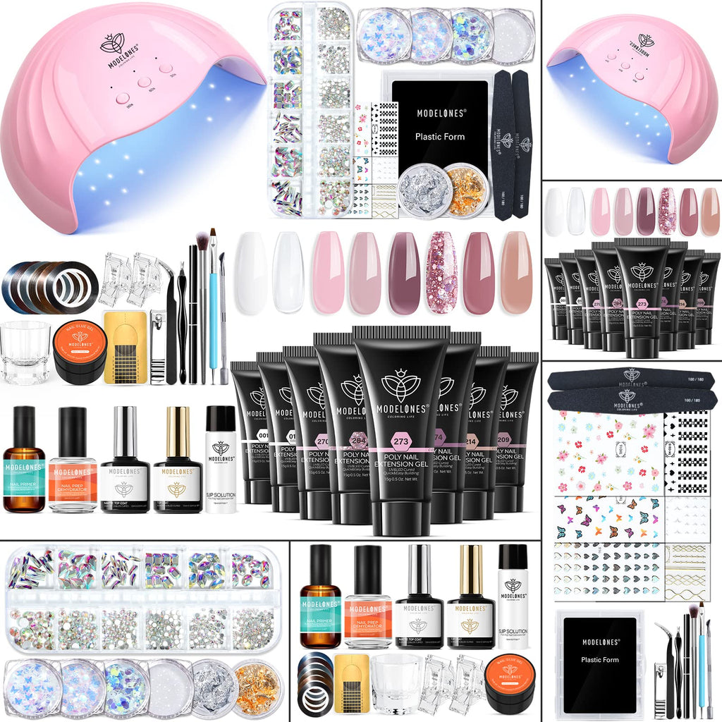 Modelones Poly Nail Gel Kit – 8 Rosy Pink Colors + 48W UV/LED Lamp
