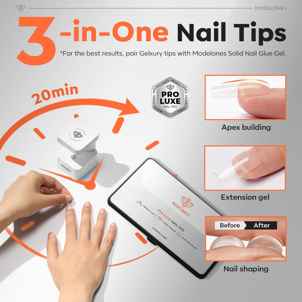 modelones Pro Luxe Instant Nail Apex Tips – Medium Square Pre-Built Extension, 240 Pcs, 15 Sizes