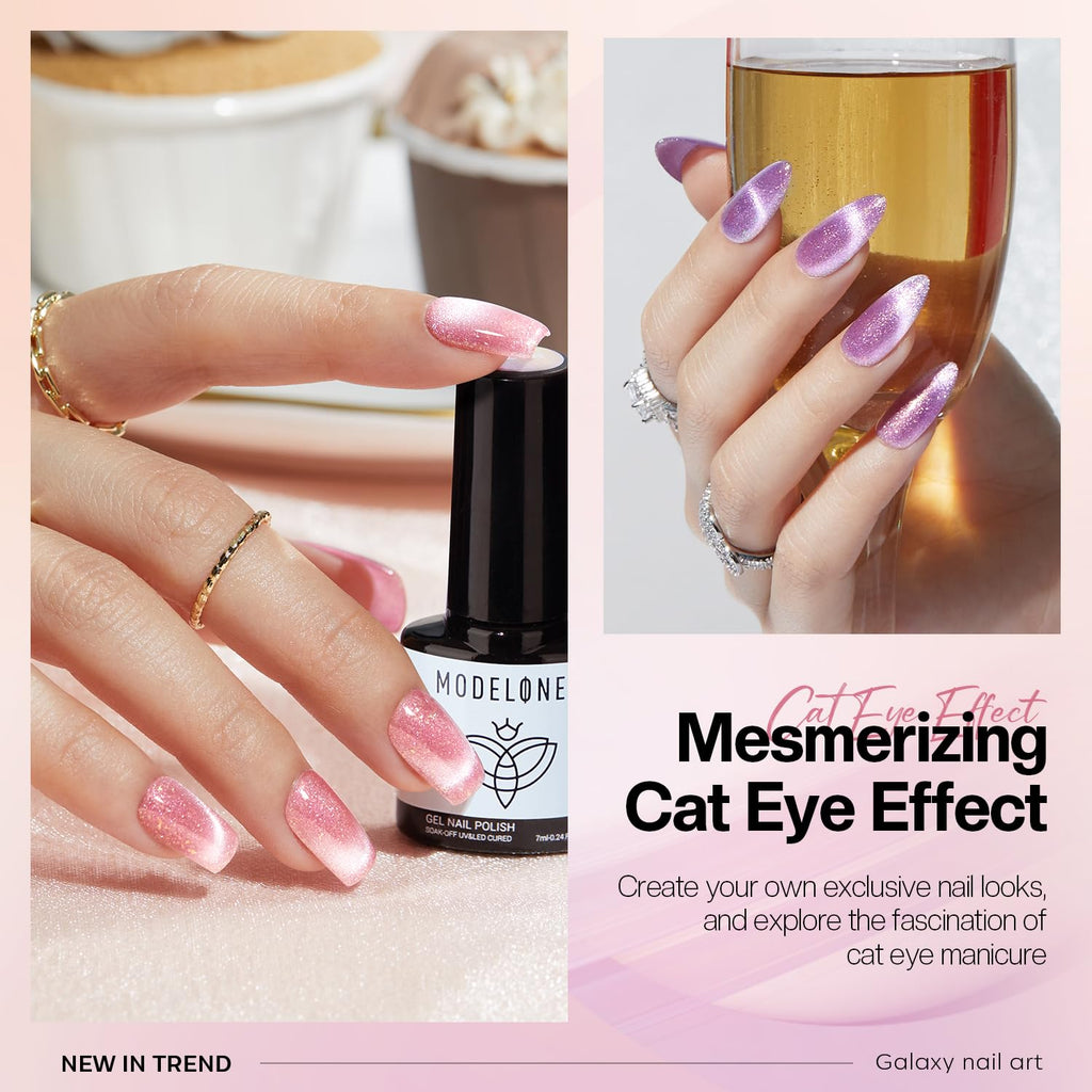 Modelones Holographic Cat Eye Gel Nail Polish Kit – 6-Color Rainbow Galaxy Set with Magnet