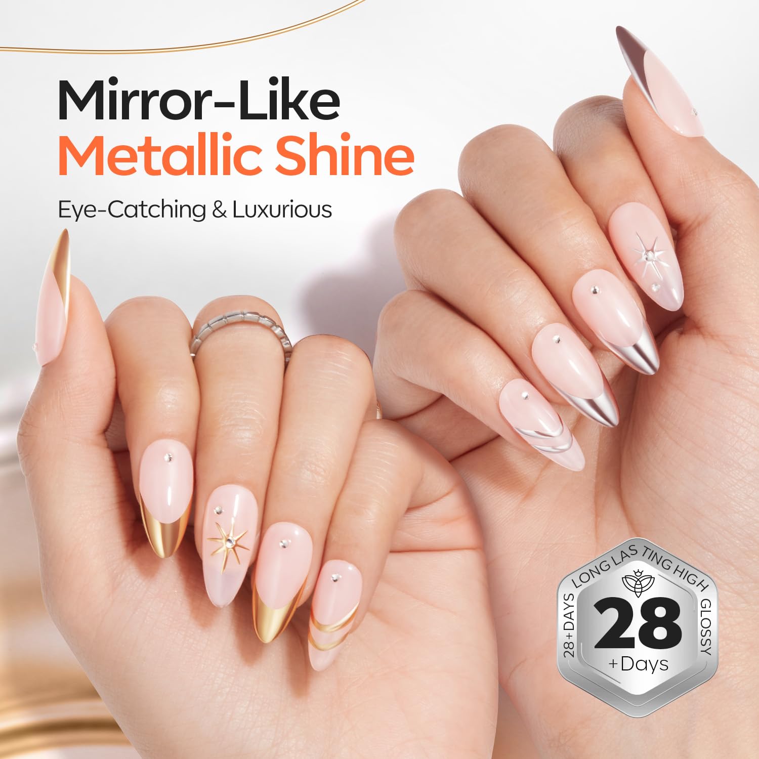 modelones Chrome Gold Silver Gel Liner Nail Polish – Metallic Mirror Nail Art Kit with Double Head Brush