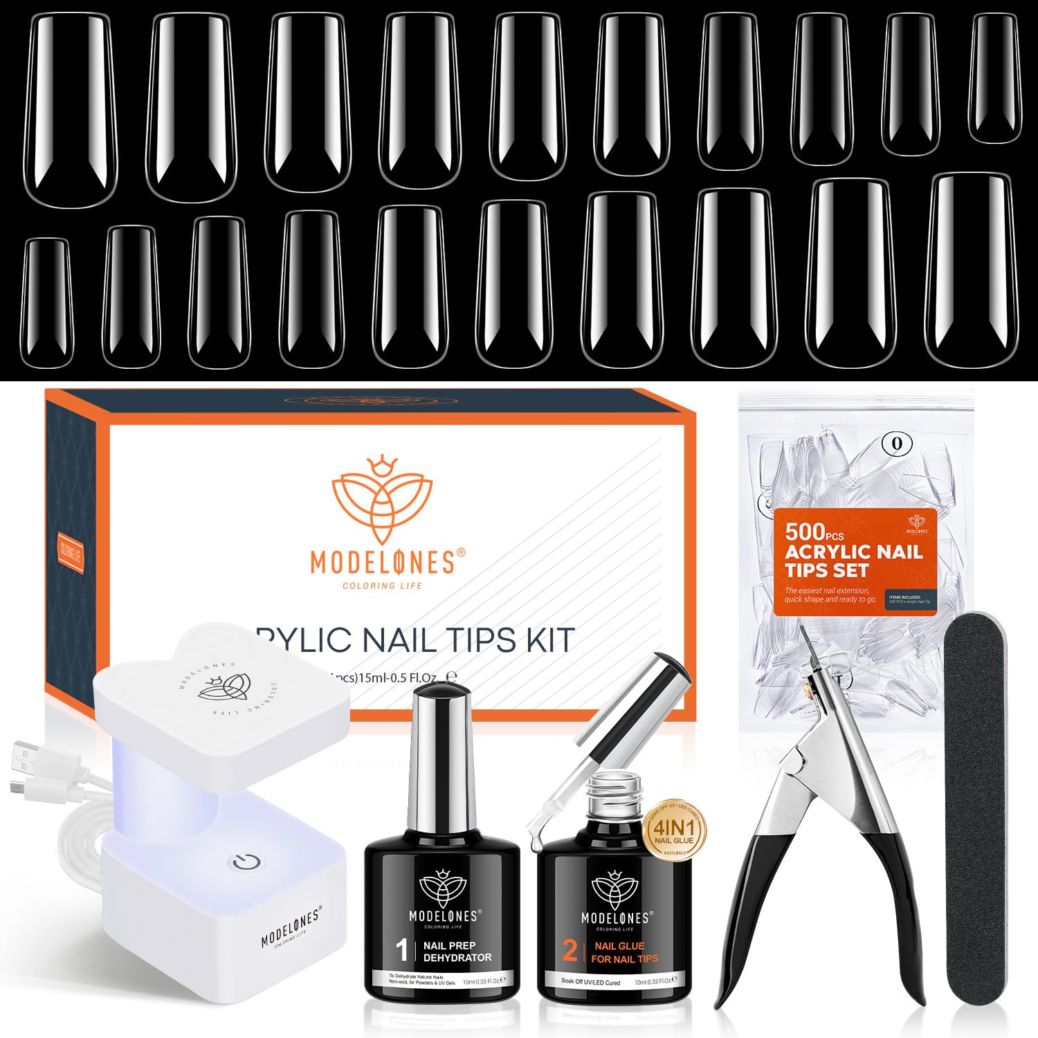 Modelones X Nail Gel Kit – 500pcs Square Tips, 9-in-1 Glue Gel, Portable UV Lamp, Home Gel Manicure Kit