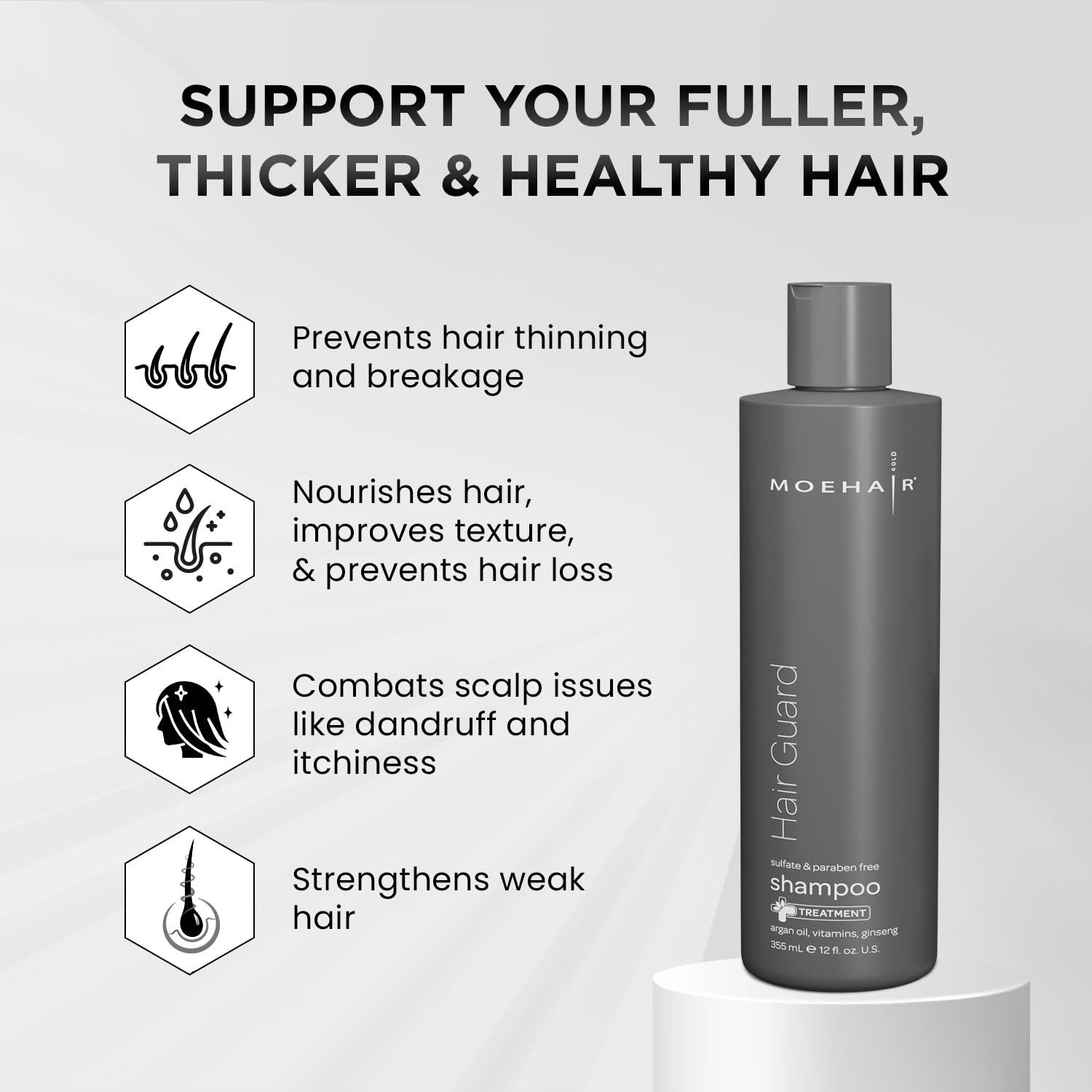 MOEHAIR Hair Guard Shampoo | Stimulates Follicles, Thickens & Volumizes | Argan Oil, Ginseng & Vitamins | Paraben & Sulfate Free | 12 Fl Oz
