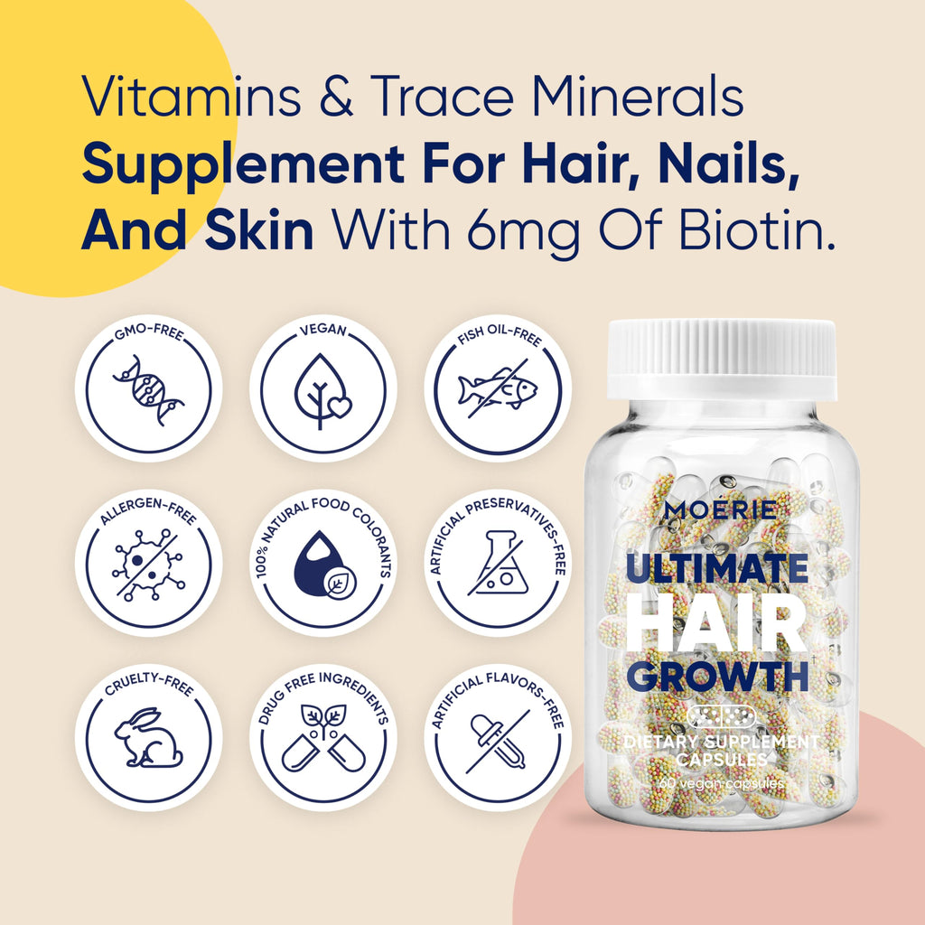 Moerie Hair Growth Supplement for Women & Men – Biotin, Q10 & Minerals – 360 Beadlet Capsules