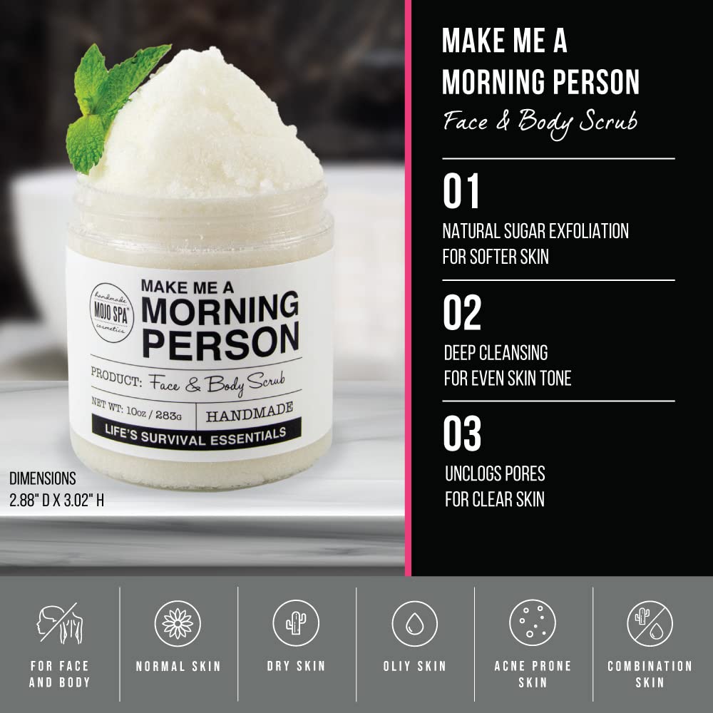 Mojo Spa Make Me a Morning Person Face & Body Scrub – Peppermint & Rosemary Scent, 10 oz