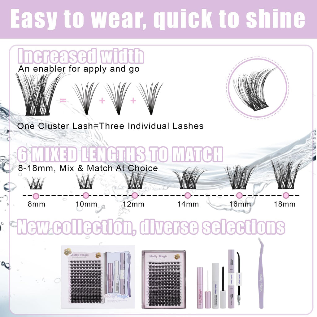 Molly Magic Victoria Lash Clusters Kit – Wispy D-Curl DIY Lashes with Bond & Seal