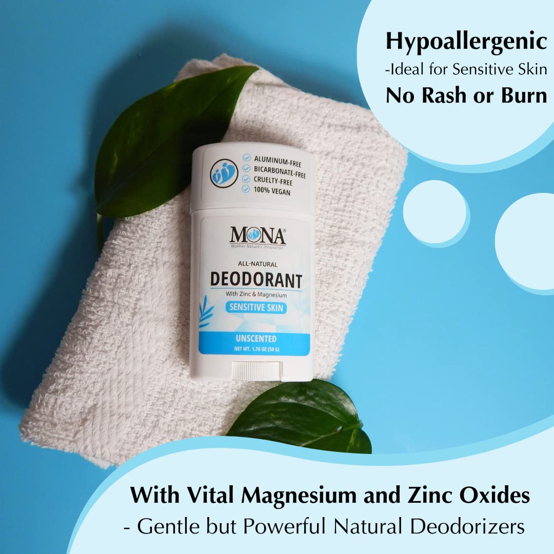 MONA All Natural Deodorant for Women & Men - Sensitive Skin, No Aluminum or Baking Soda (Unscented 1.76 oz)