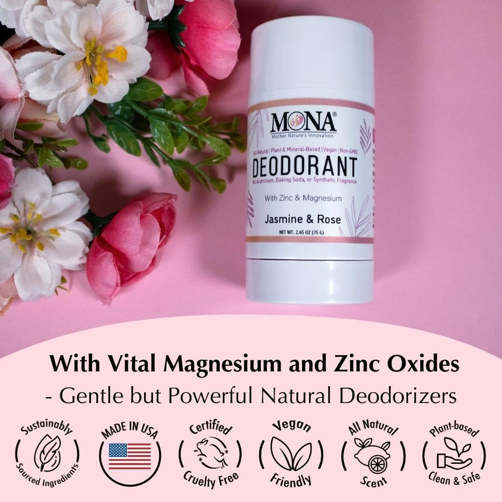 MONA All Natural Magnesium Deodorant – Jasmine Rose | Aluminum-Free for Sensitive Skin (2.65oz)