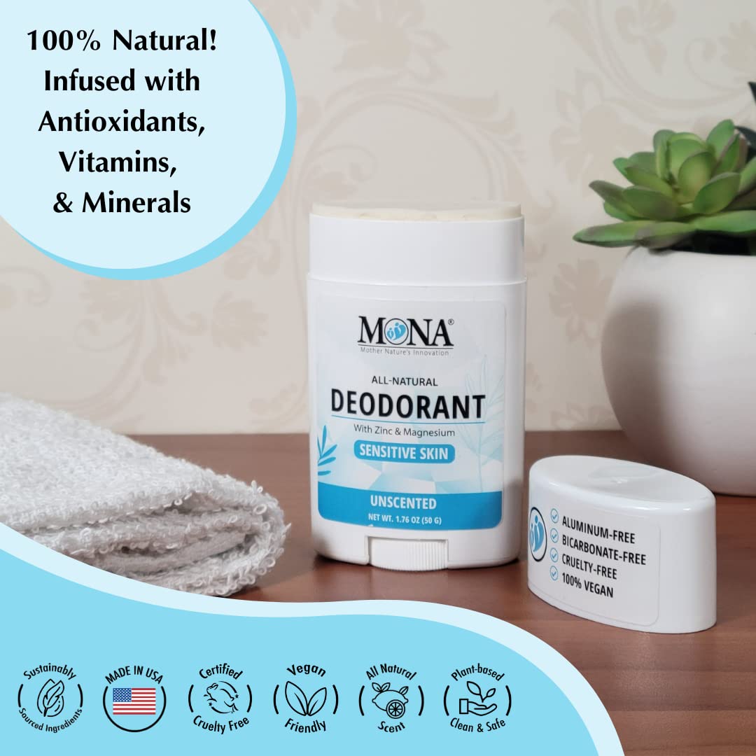 MONA All Natural Deodorant for Women & Men - Sensitive Skin, No Aluminum or Baking Soda (Unscented 1.76 oz)