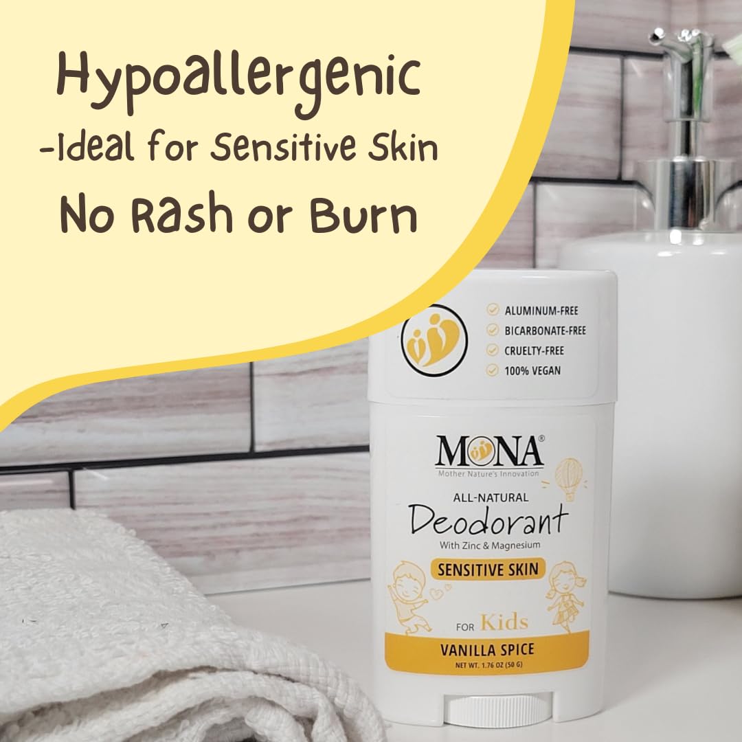 MONA Vanilla Spice Natural Deodorant for Kids – Aluminum-Free, Hypoallergenic, Vegan (1.76 oz)