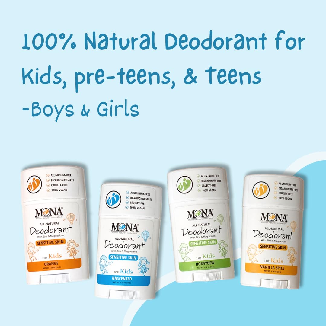 MONA Unscented Natural Deodorant for Kids & Teens – Aluminum & Baking Soda Free, 2-Pack
