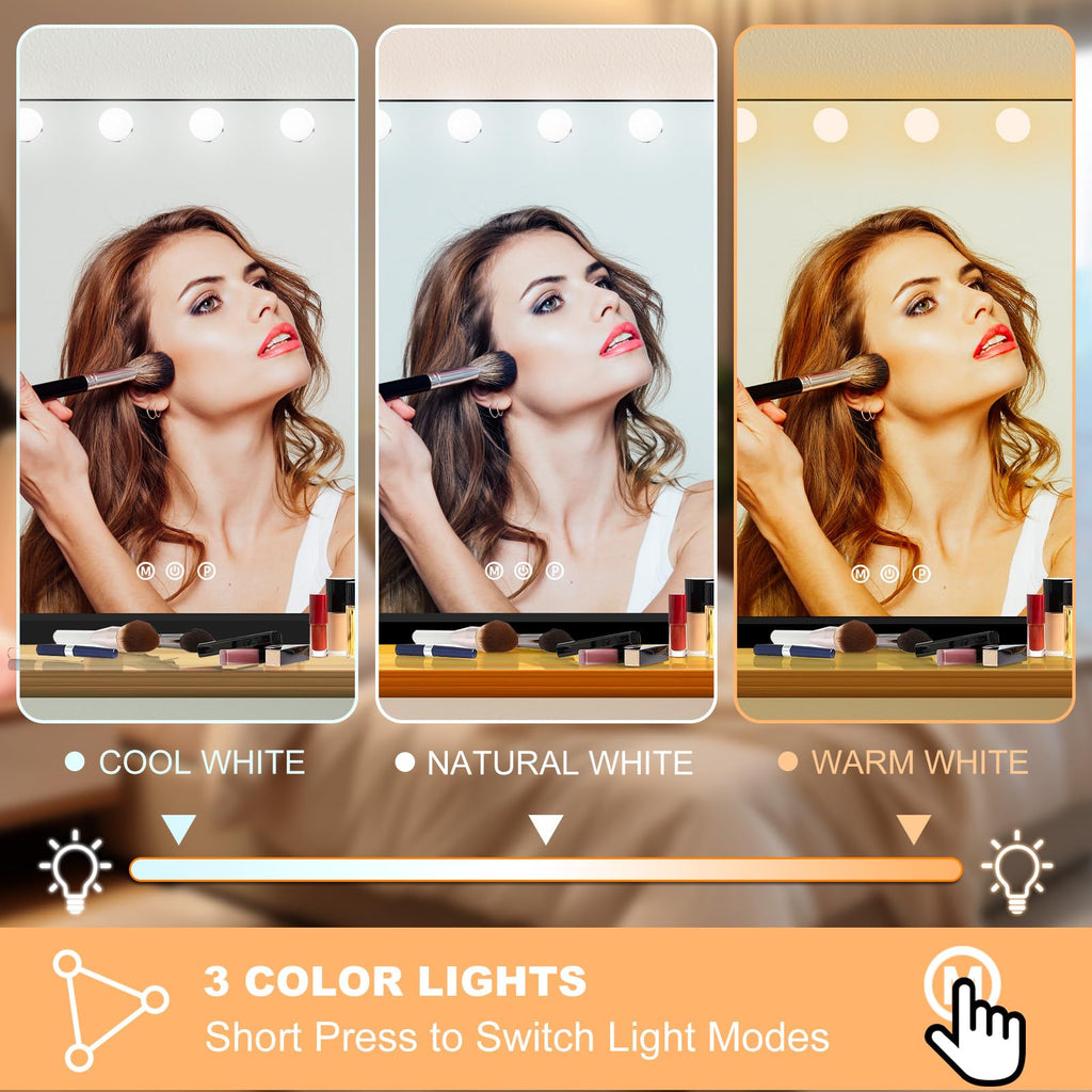 Moonee Black Vanity Mirror with Lights – 18 Dimmable Bulbs, 10X Magnifier, 3 Color Modes | Aluminum Frame (32x24)