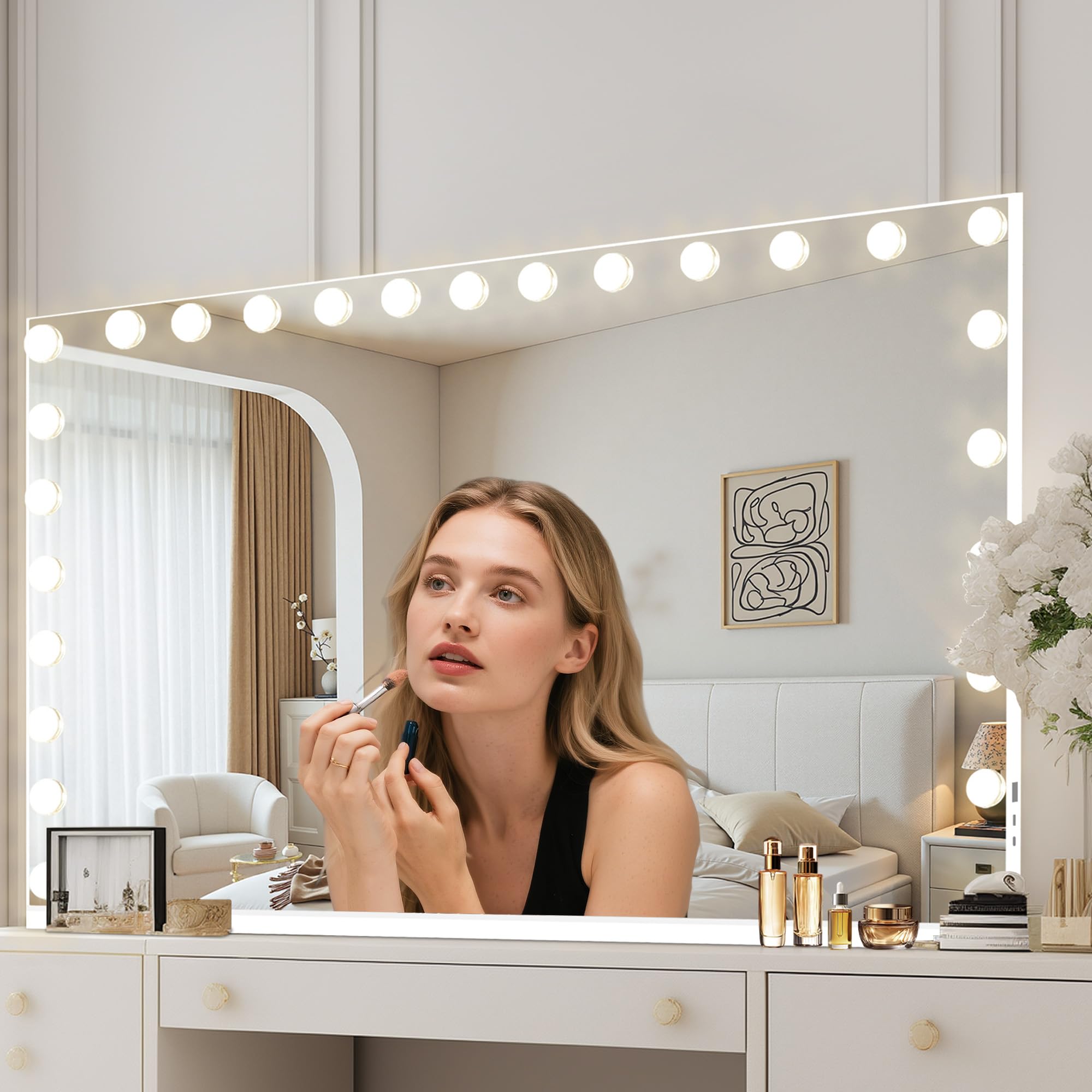Moonee Vanity Mirror with Lights – 24 Dimmable Bulbs, 10X Magnification, 3 Color Modes, Aluminum Frame, 48" x 30"