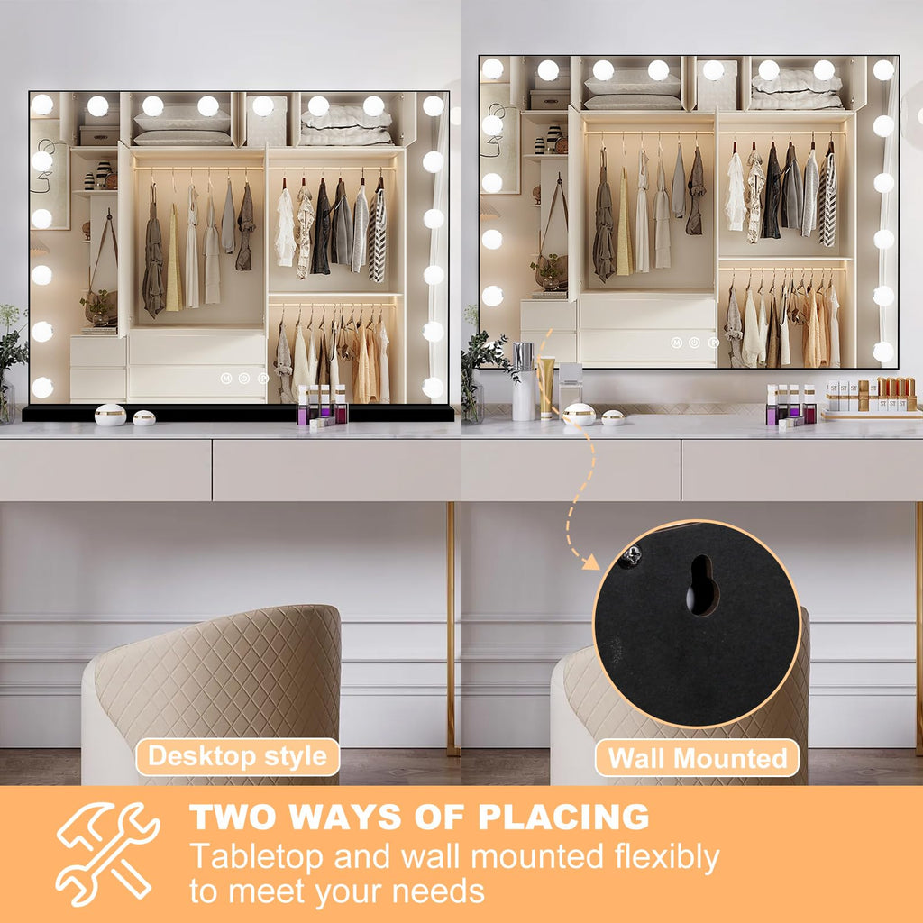 Moonee Black Vanity Mirror with Lights – 18 Dimmable Bulbs, 10X Magnifier, 3 Color Modes | Aluminum Frame (32x24)