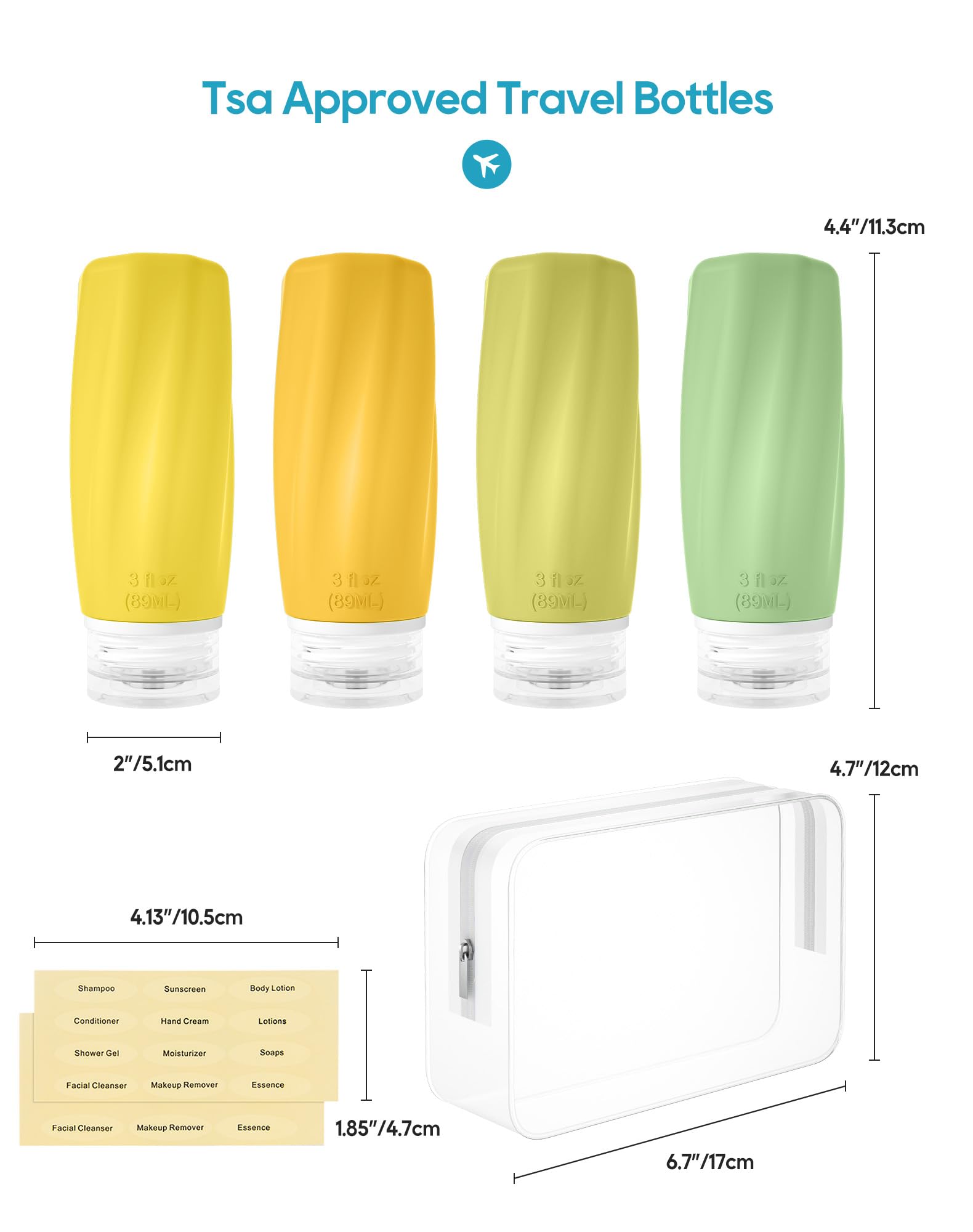 Morfone Travel Bottles for Toiletries - 3oz TSA-Approved, Leak-Proof, Refillable (Yellow)
