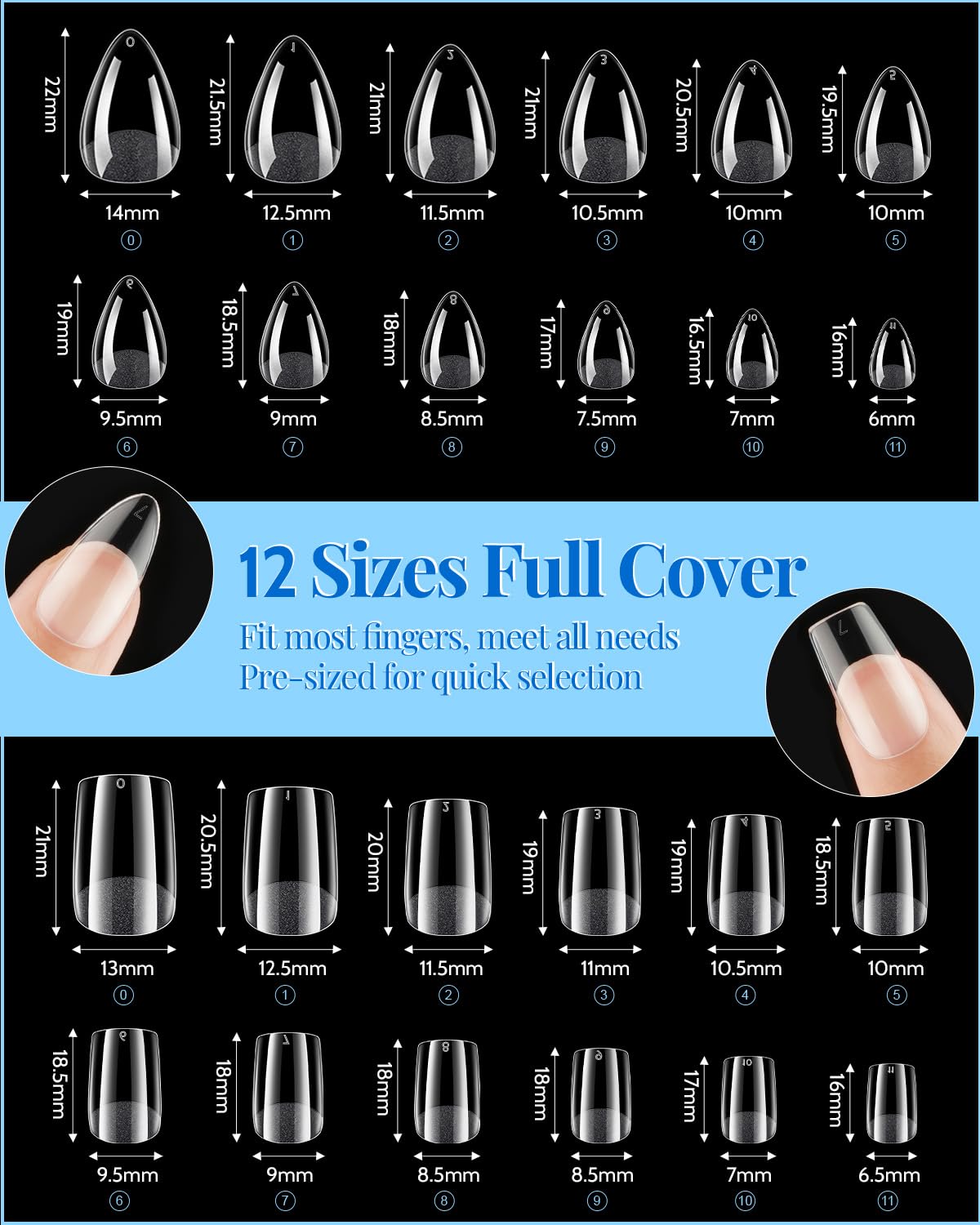 MORGLES Short Square & Almond Nail Tips Kit – 480 Clear Full-Cover Nails with Glue & Tools