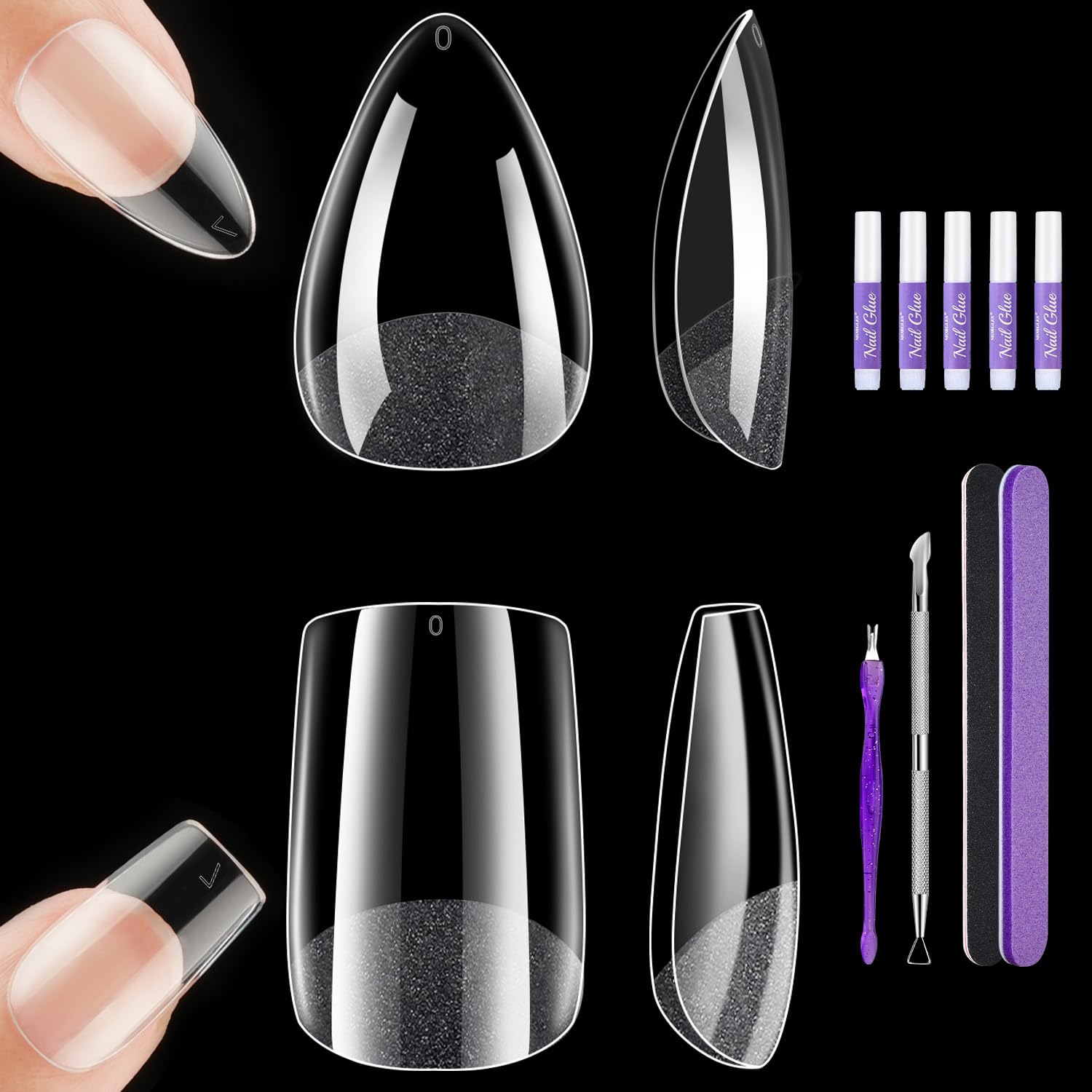 MORGLES Short Square & Almond Nail Tips Kit – 480 Clear Full-Cover Nails with Glue & Tools