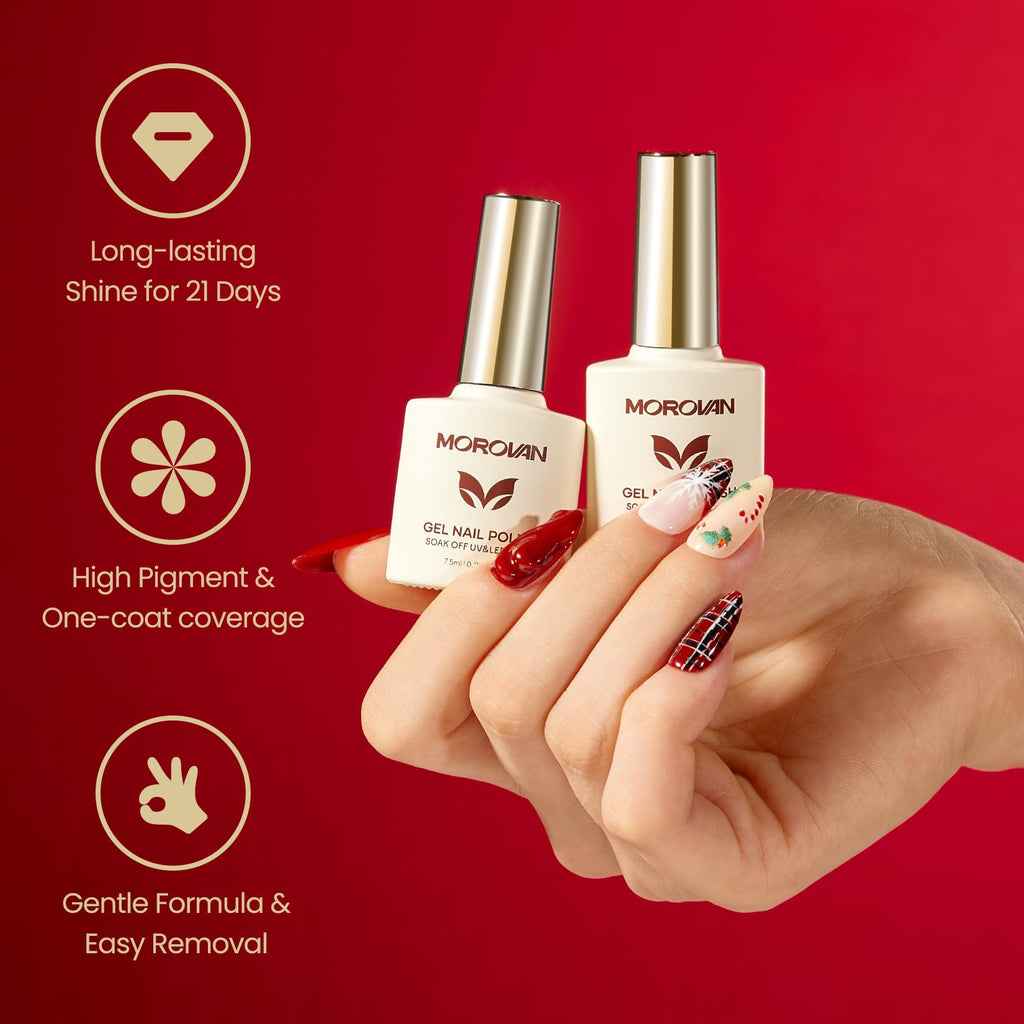 Morovan Christmas Gel Nail Polish Set – 6 Colors Red & White, Soak Off Gel Kit for DIY Nail Art
