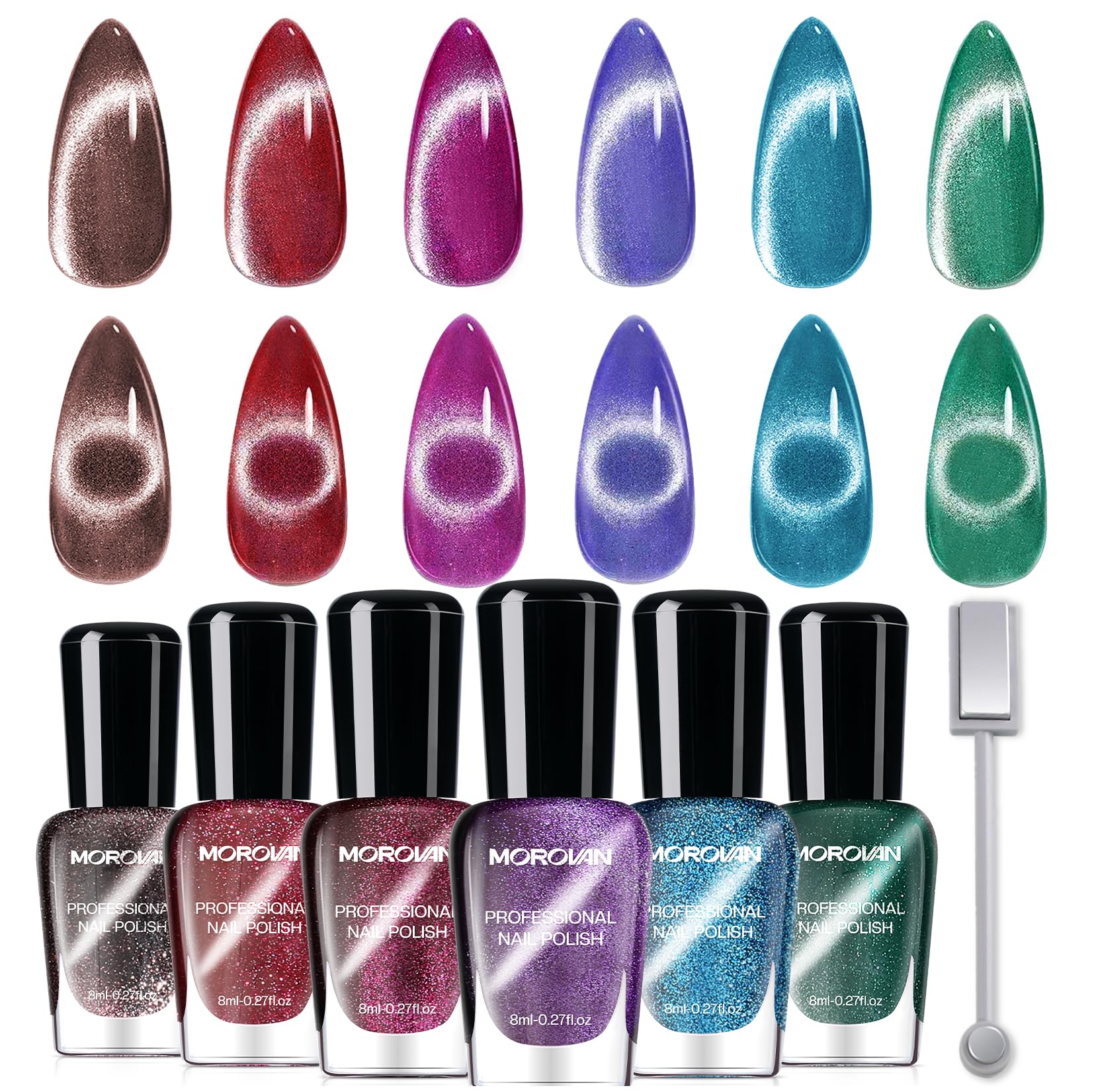 Morovan Magnetic Nail Polish Set – Cat Eye Glitter Kit (6 Colors), Quick Dry