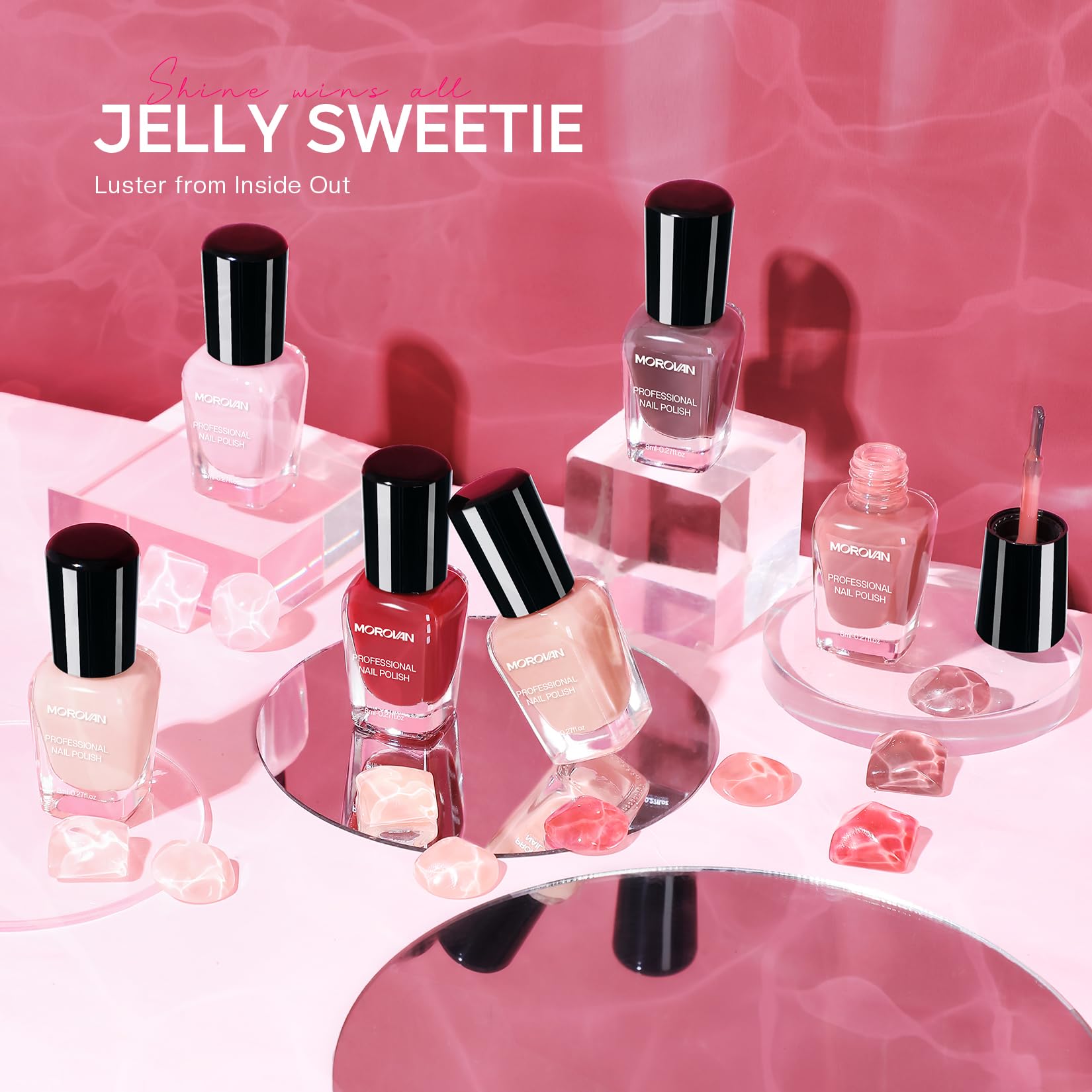 Morovan Jelly Nail Polish Set — Sheer Glass Pink Nude, Quick Air-Dry (6 Colors)