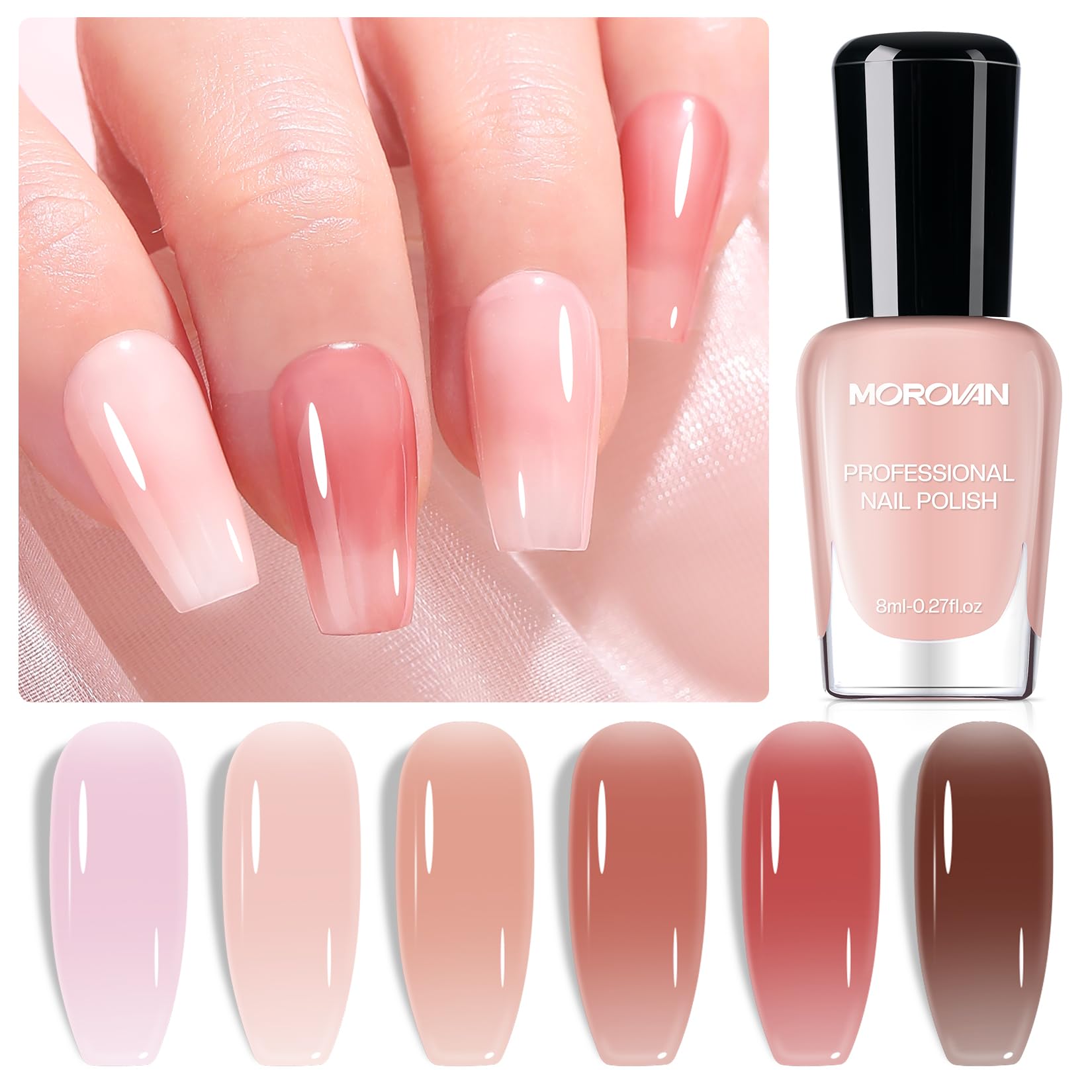 Morovan Jelly Nail Polish Set — Sheer Glass Pink Nude, Quick Air-Dry (6 Colors)