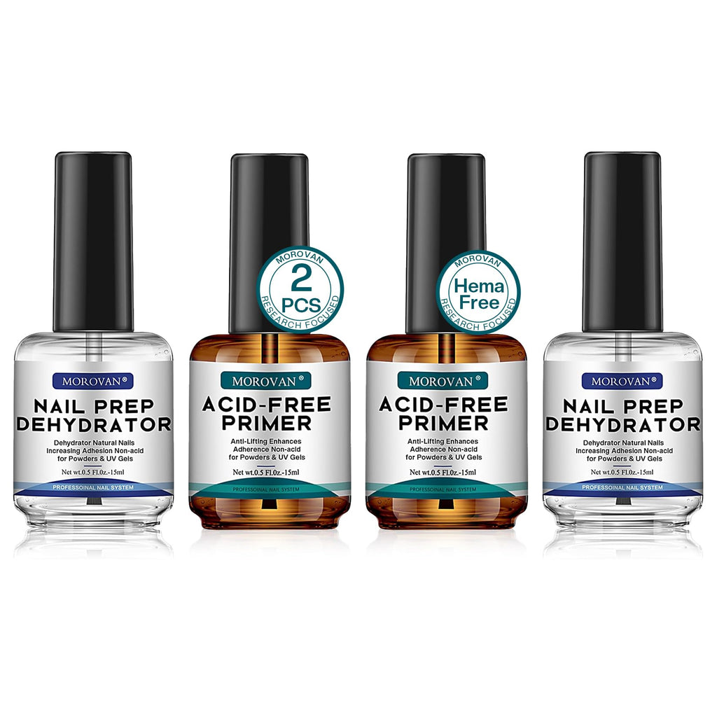 Morovan Nail Prep Dehydrator & Acid-Free Primer – 4-Piece Set for Strong Adhesion