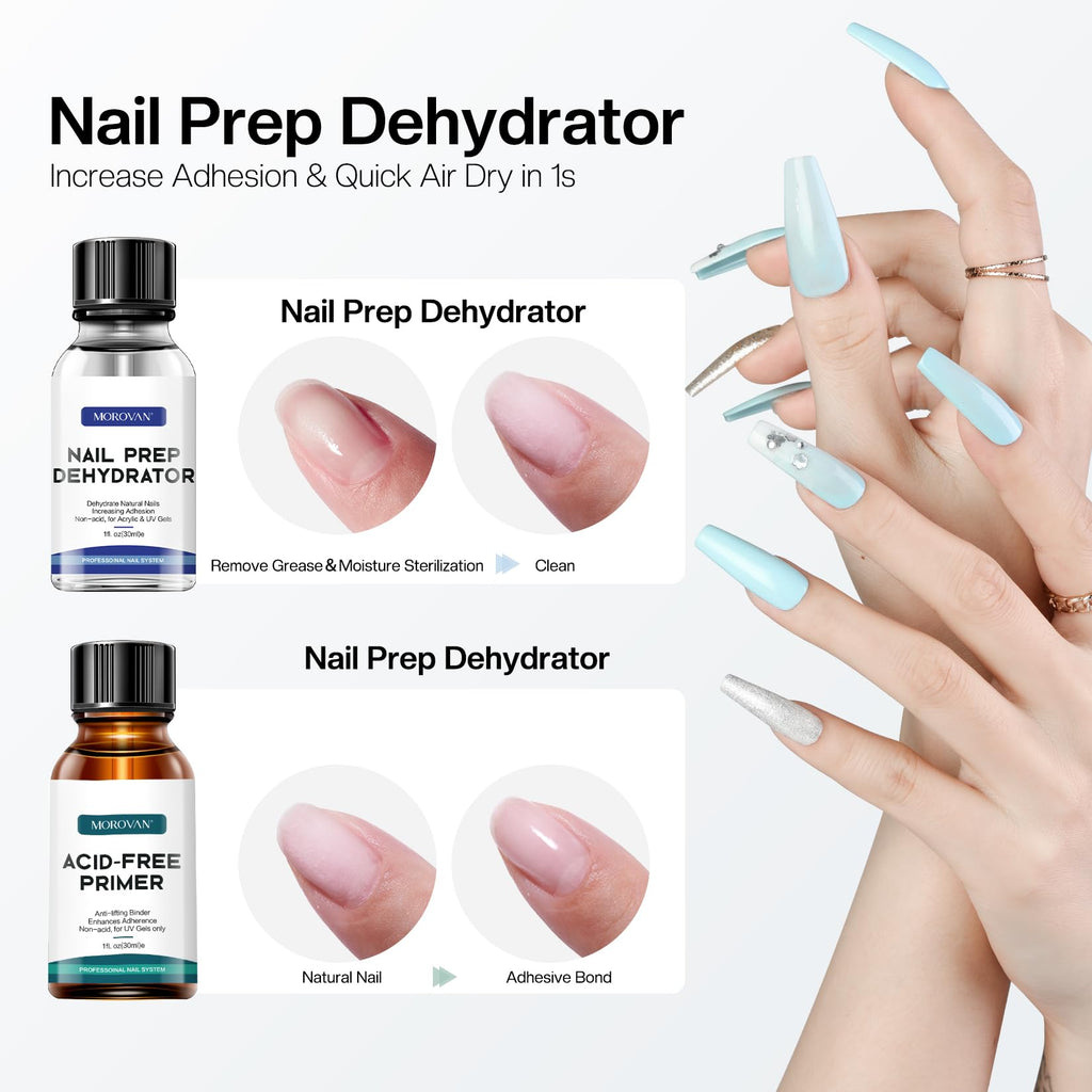 Morovan Nail Primer & Dehydrate Set – Fast Air Dry, 30ml / 1oz for Gel Polish & Acrylic