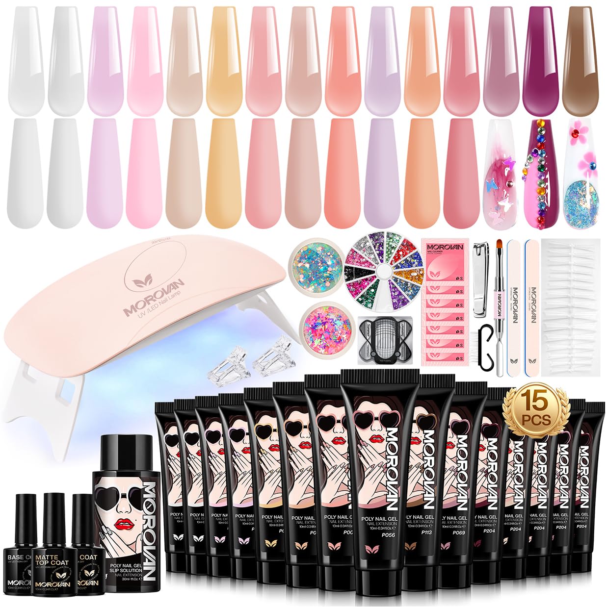 Morovan Poly Gel Nail Kit for Beginners – 15 Colors, Slip Solution & UV Light