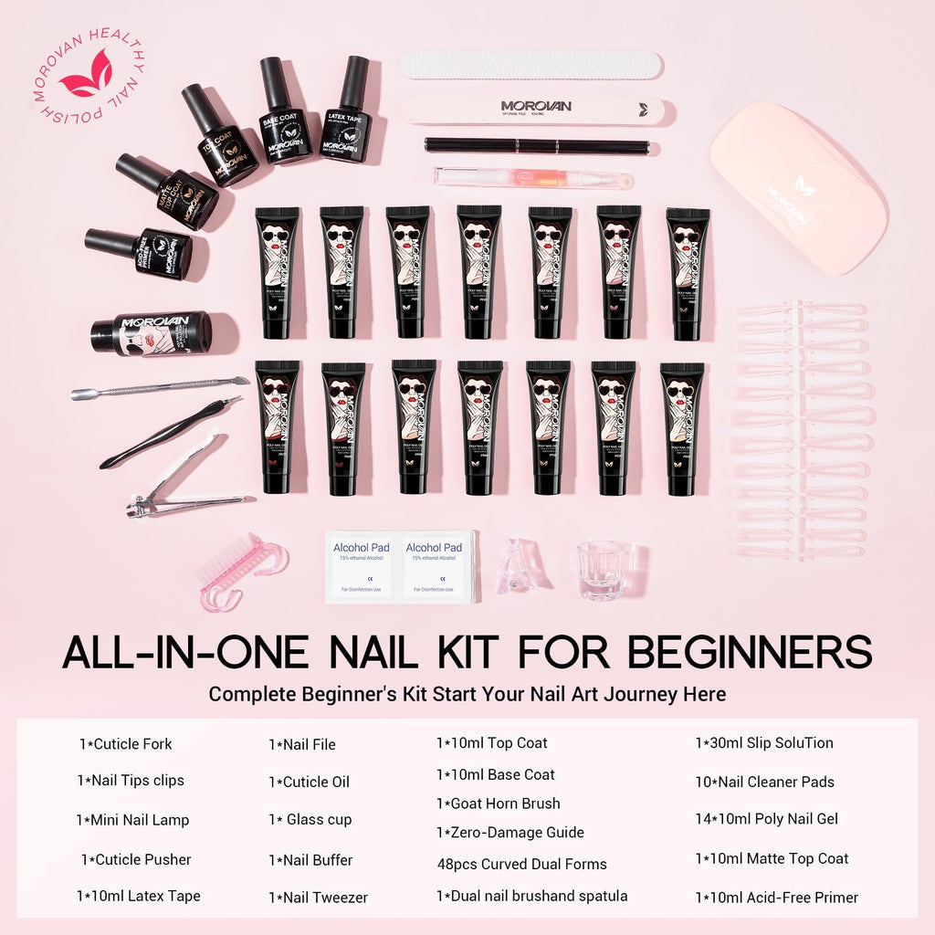 Morovan Poly Gel Nail Kit – All-in-One Beginner Starter with UV Lamp & Slip Solution