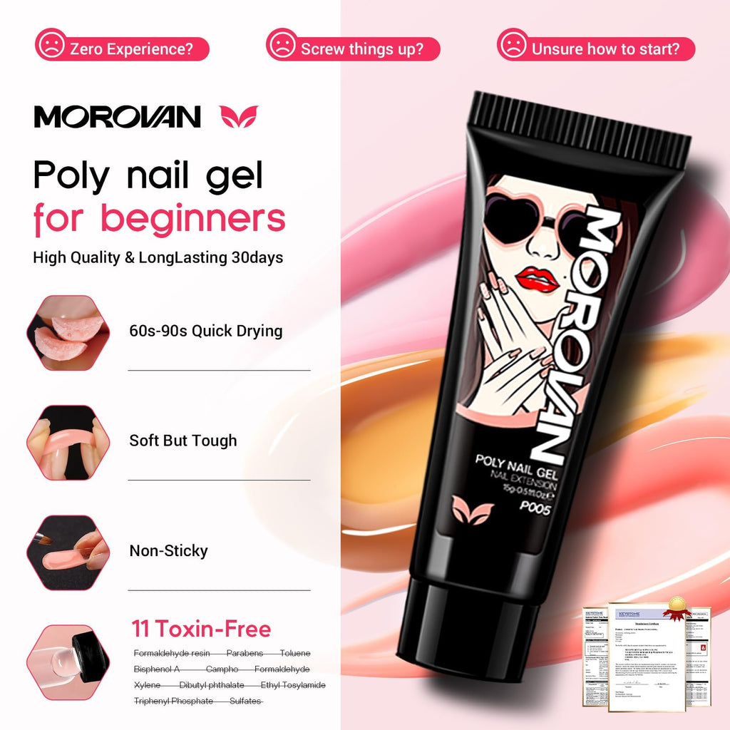 Morovan Poly Gel Nail Kit – All-in-One Beginner Starter with UV Lamp & Slip Solution