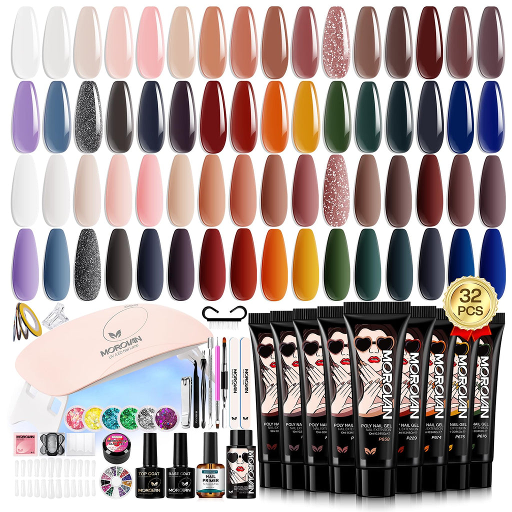 Morovan Poly Nail Gel Kit – 32 Colors, UV Lamp, Starter DIY Kit