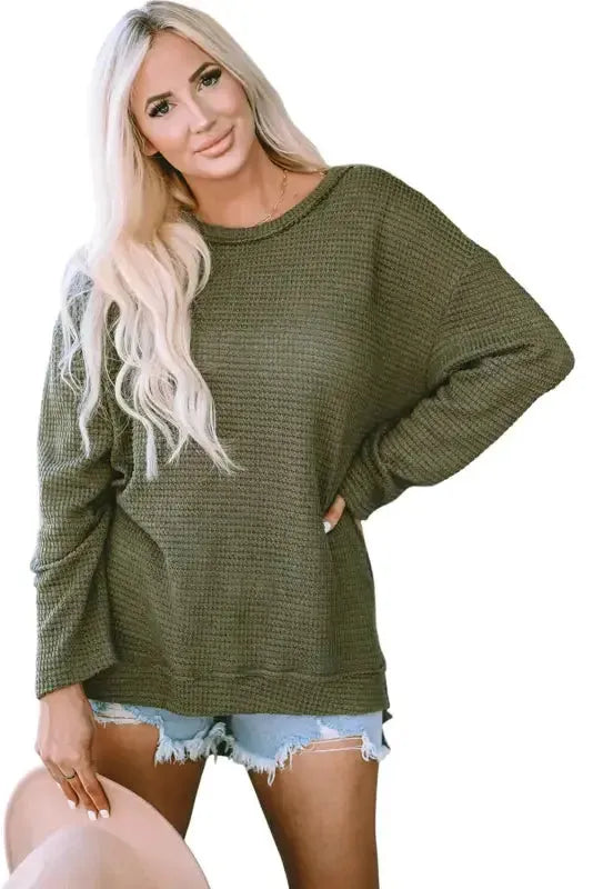 Moss Green Textured Knit Top | Plus Size Long Sleeve