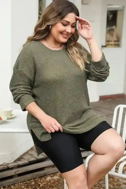 Moss Green Textured Knit Top | Plus Size Long Sleeve