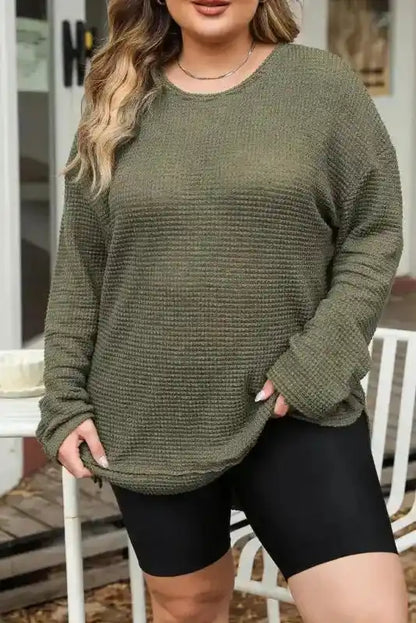 Moss Green Textured Knit Top | Plus Size Long Sleeve