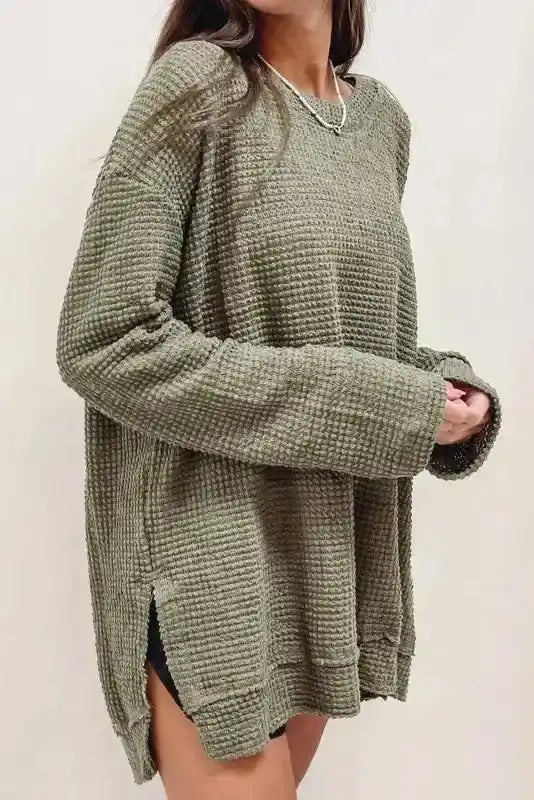 Moss Green Textured Knit Top | Plus Size Long Sleeve