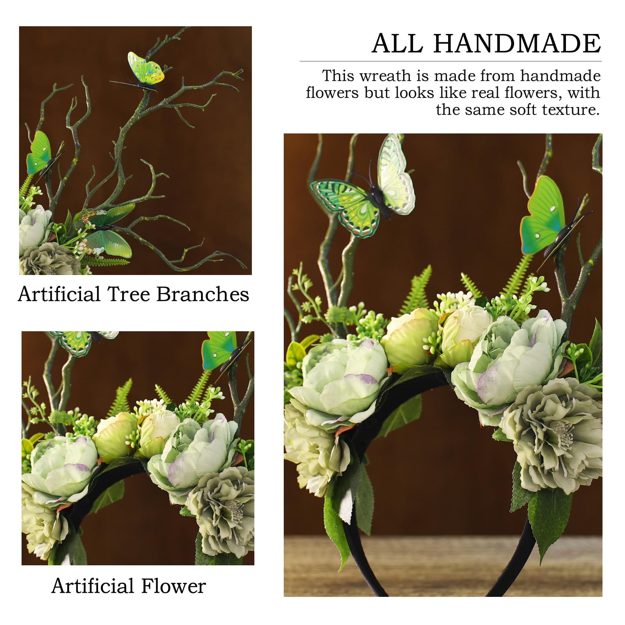 MOSTORY Green Flower Branch Headband – Handmade Woodland Crown for Women