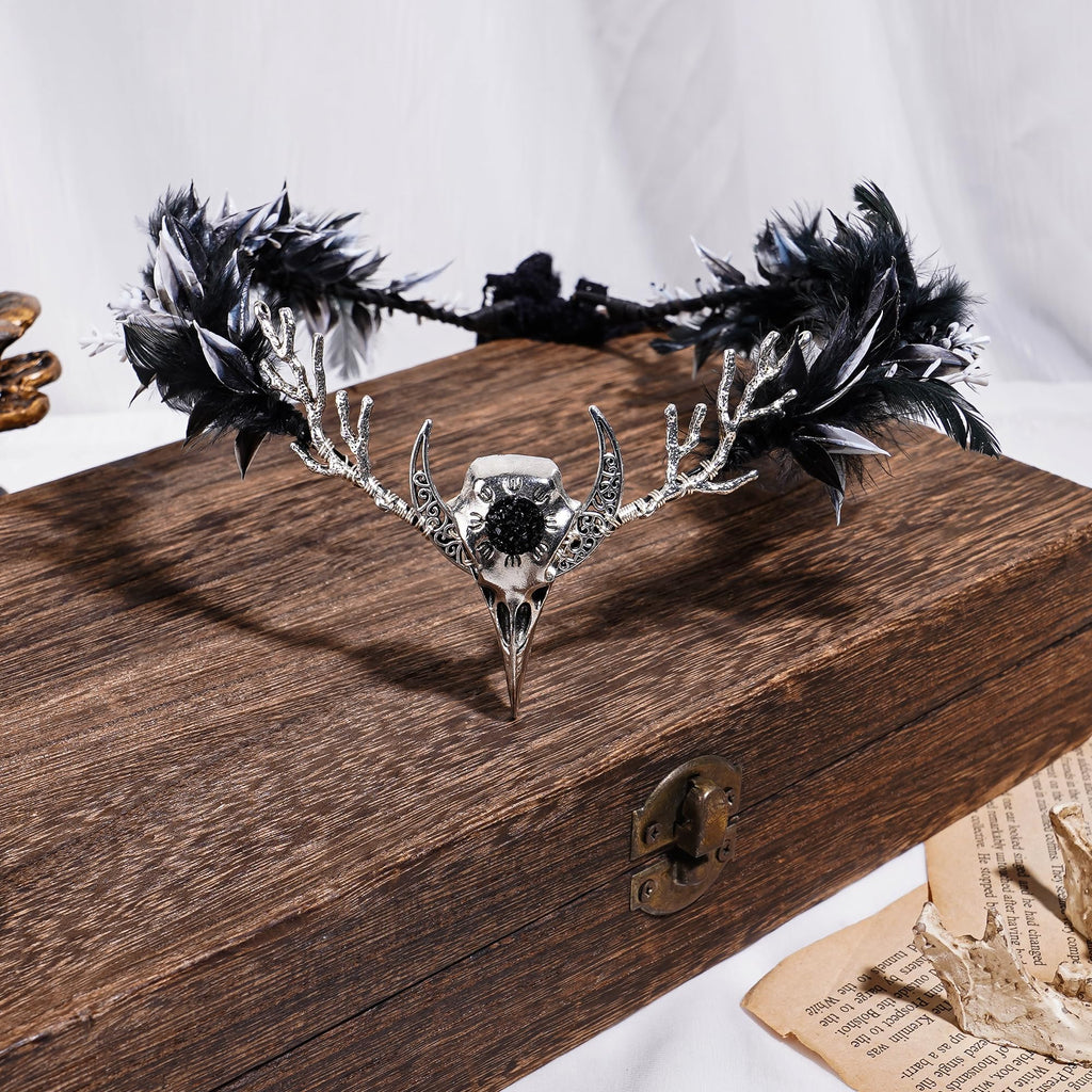 MOSTORY Handmade Black Raven Feather Crown – Gothic Circlet with Raven Skull & Dark Moon Tiara for Women & Girls