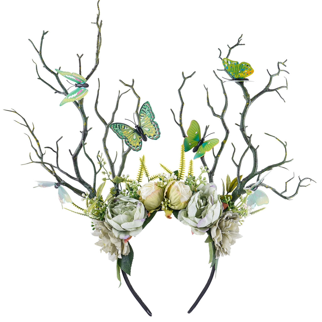 MOSTORY Green Flower Branch Headband – Handmade Woodland Crown for Women
