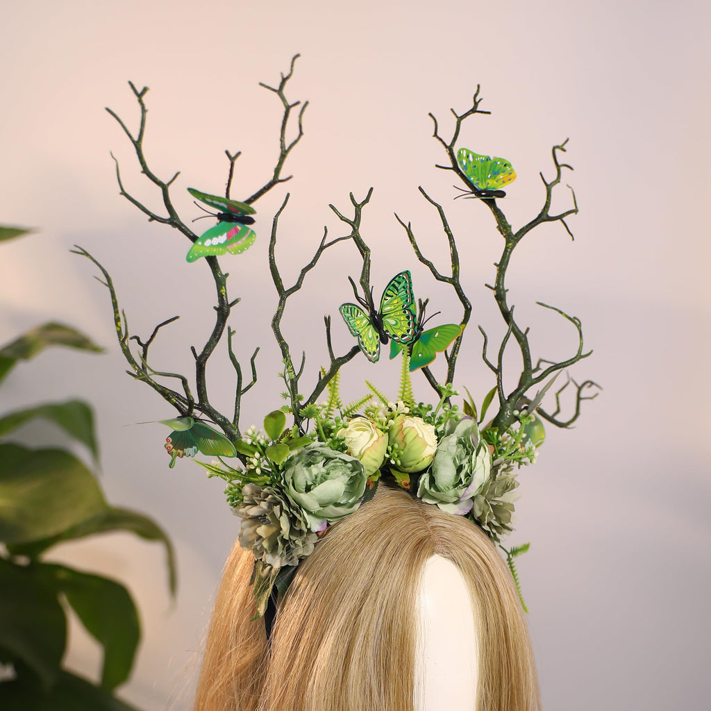 MOSTORY Green Flower Branch Headband – Handmade Woodland Crown for Women