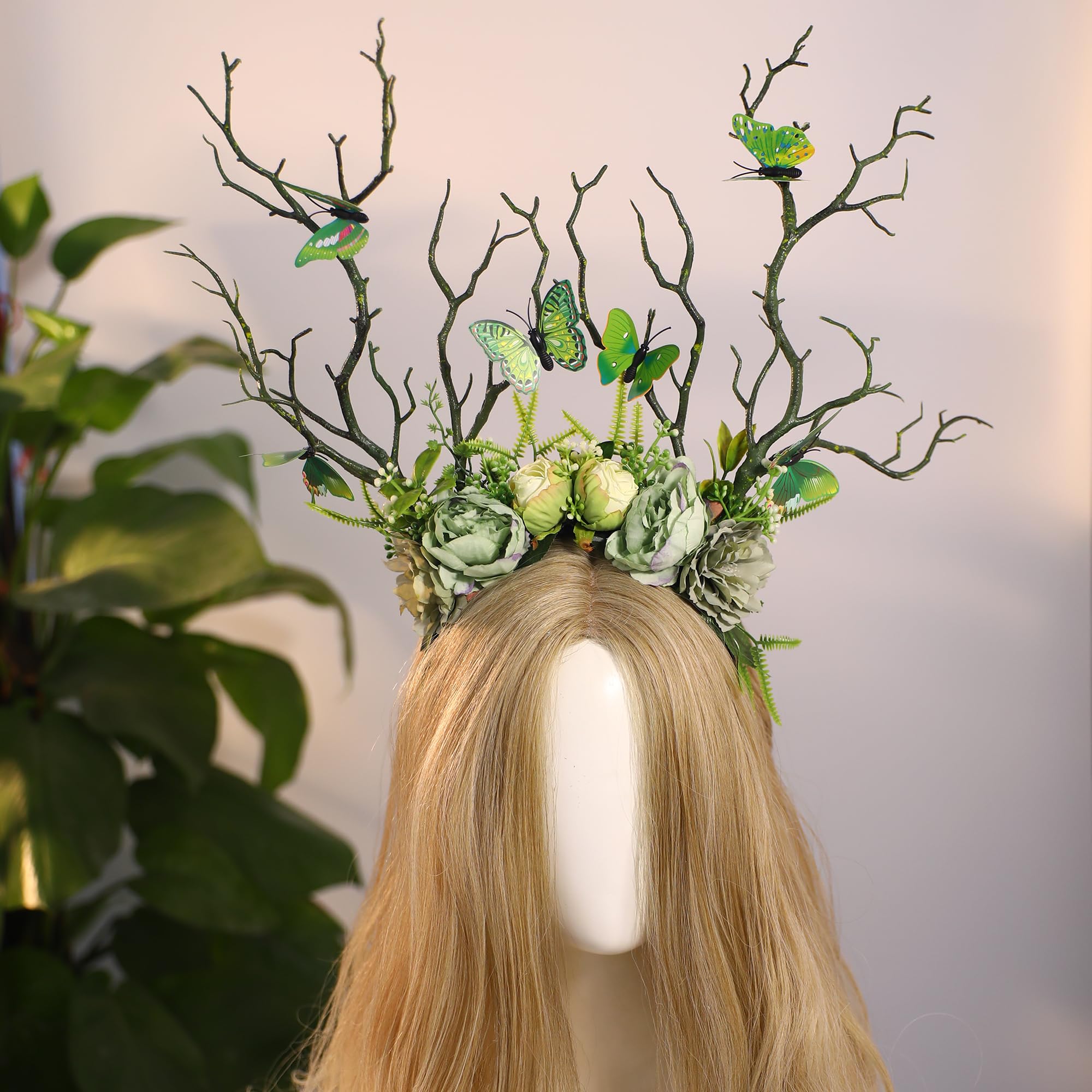 MOSTORY Green Flower Branch Headband – Handmade Woodland Crown for Women