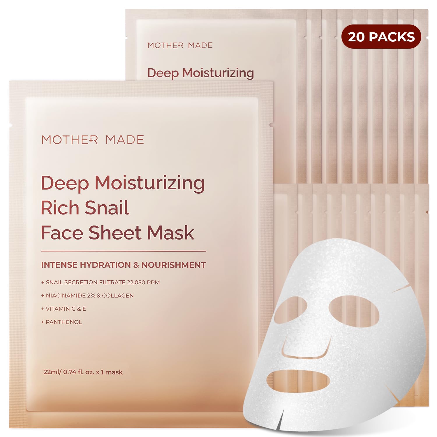 Mother Made Glowing Glass Skin Hydrating Snail Masks – 20 Pack with Niacinamide 2% & Vitamin E