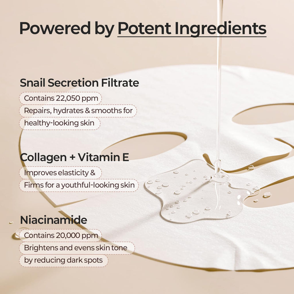 Mother Made Glowing Glass Skin Hydrating Snail Masks – 20 Pack with Niacinamide 2% & Vitamin E