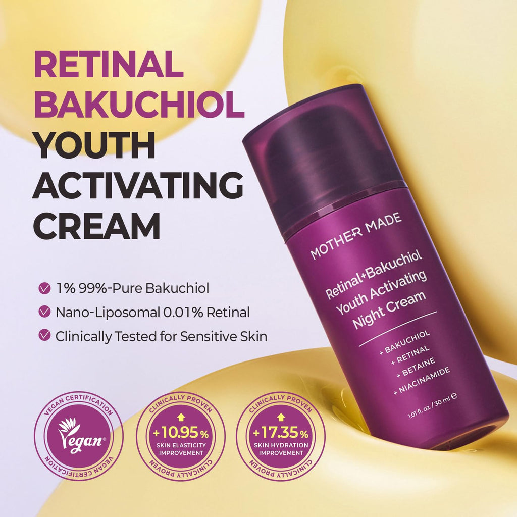 MOTHER MADE Retinol Bakuchiol Night Cream – Korean Retinal Face Cream for Firm Skin & Fine Lines